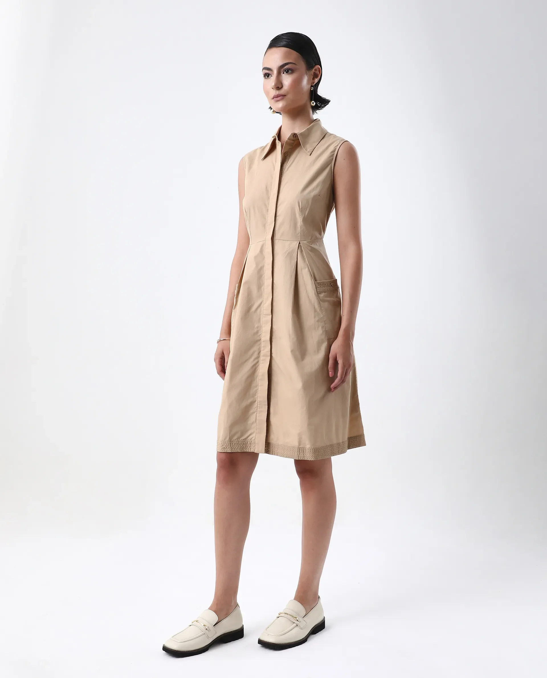 Rareism Women's Qba Light Sand Cotton Drop Collar Plain Sleeveless Midi A-Line Dress - Image 4