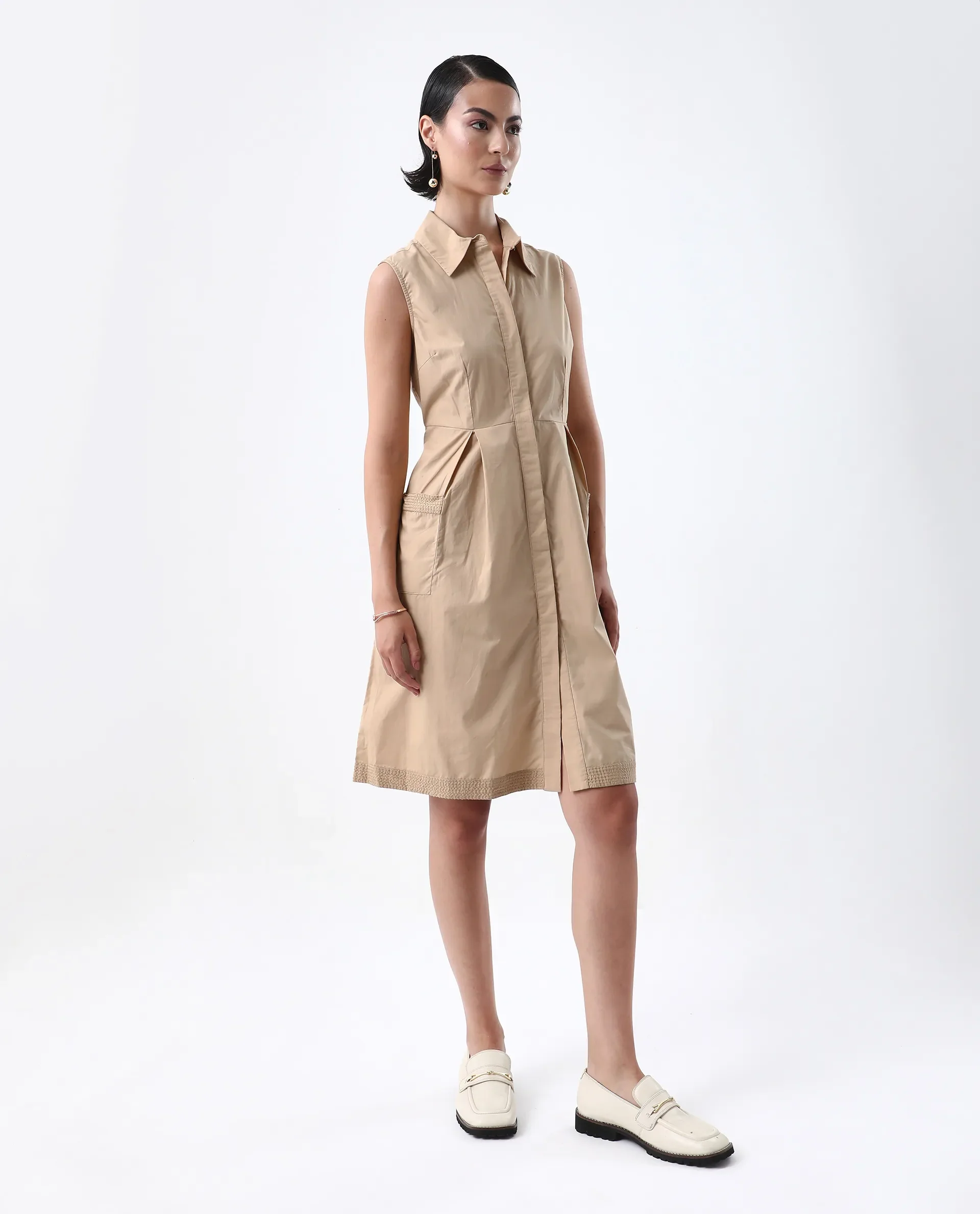 Rareism Women's Qba Light Sand Cotton Drop Collar Plain Sleeveless Midi A-Line Dress - Image 5