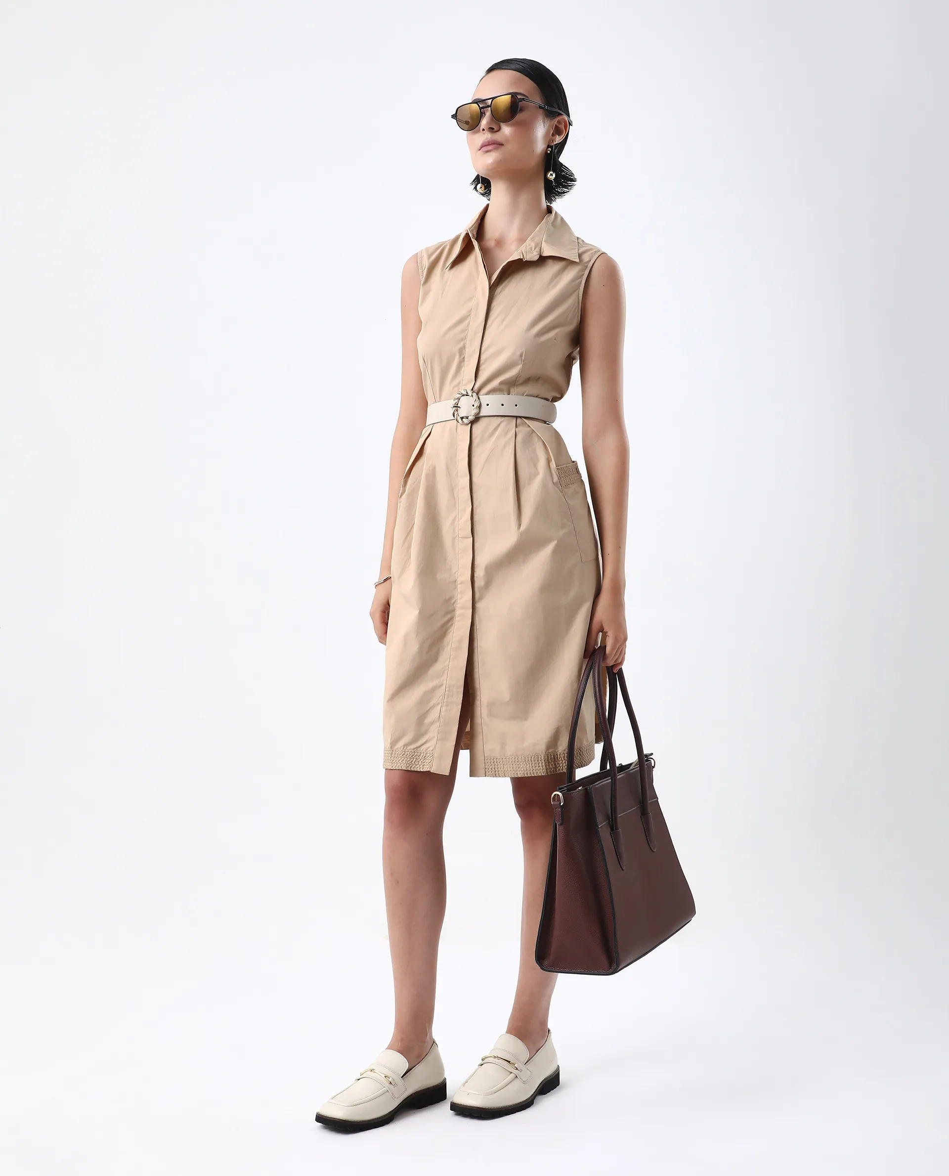 Rareism Women's Qba Light Sand Cotton Drop Collar Plain Sleeveless Midi A-Line Dress - Image 6