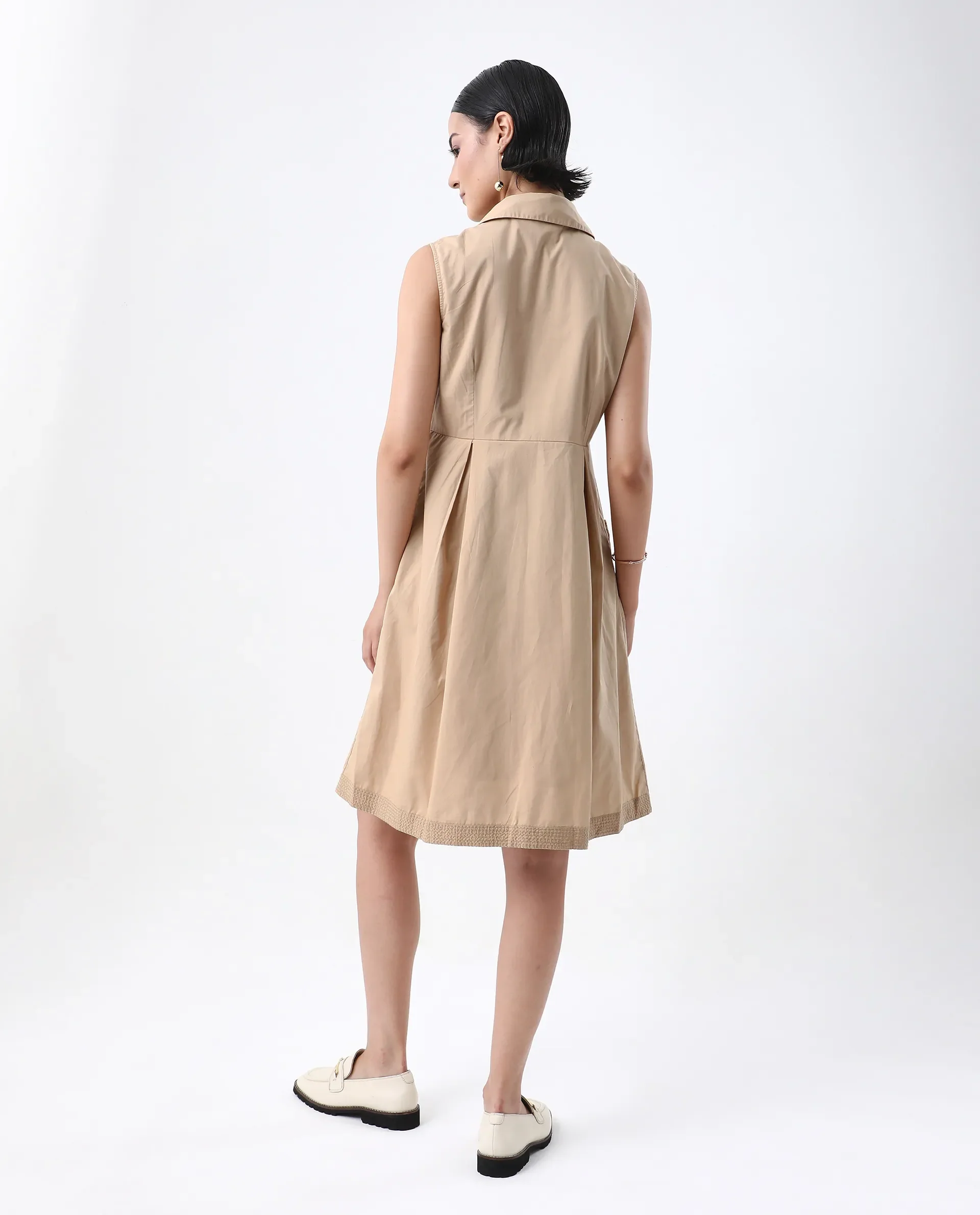 Rareism Women's Qba Light Sand Cotton Drop Collar Plain Sleeveless Midi A-Line Dress - Image 7
