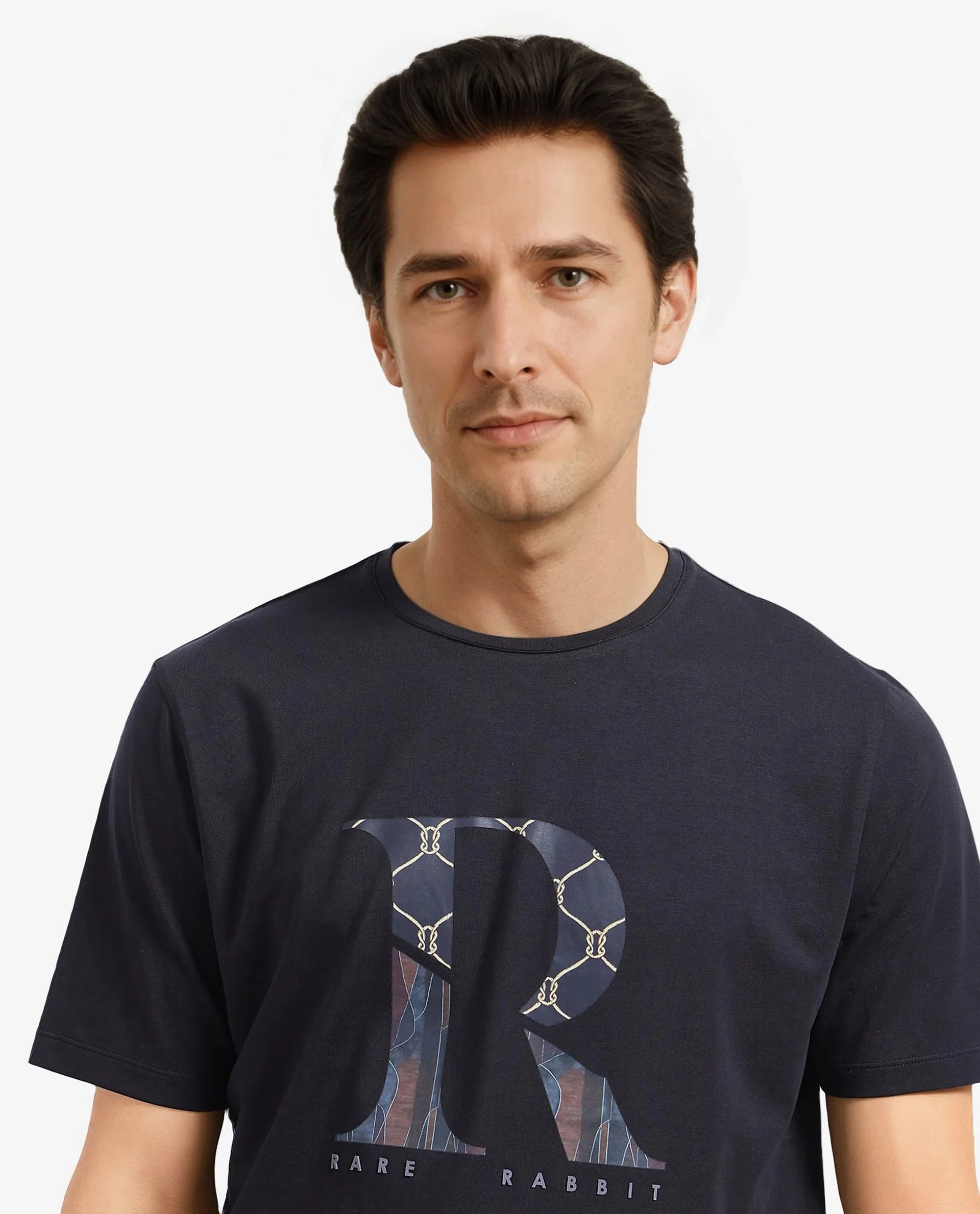 Rare Rabbit Men's Qeat Black Graphic Print Regular Fit Half Sleeve Crew Neck T-Shirt - Image 2