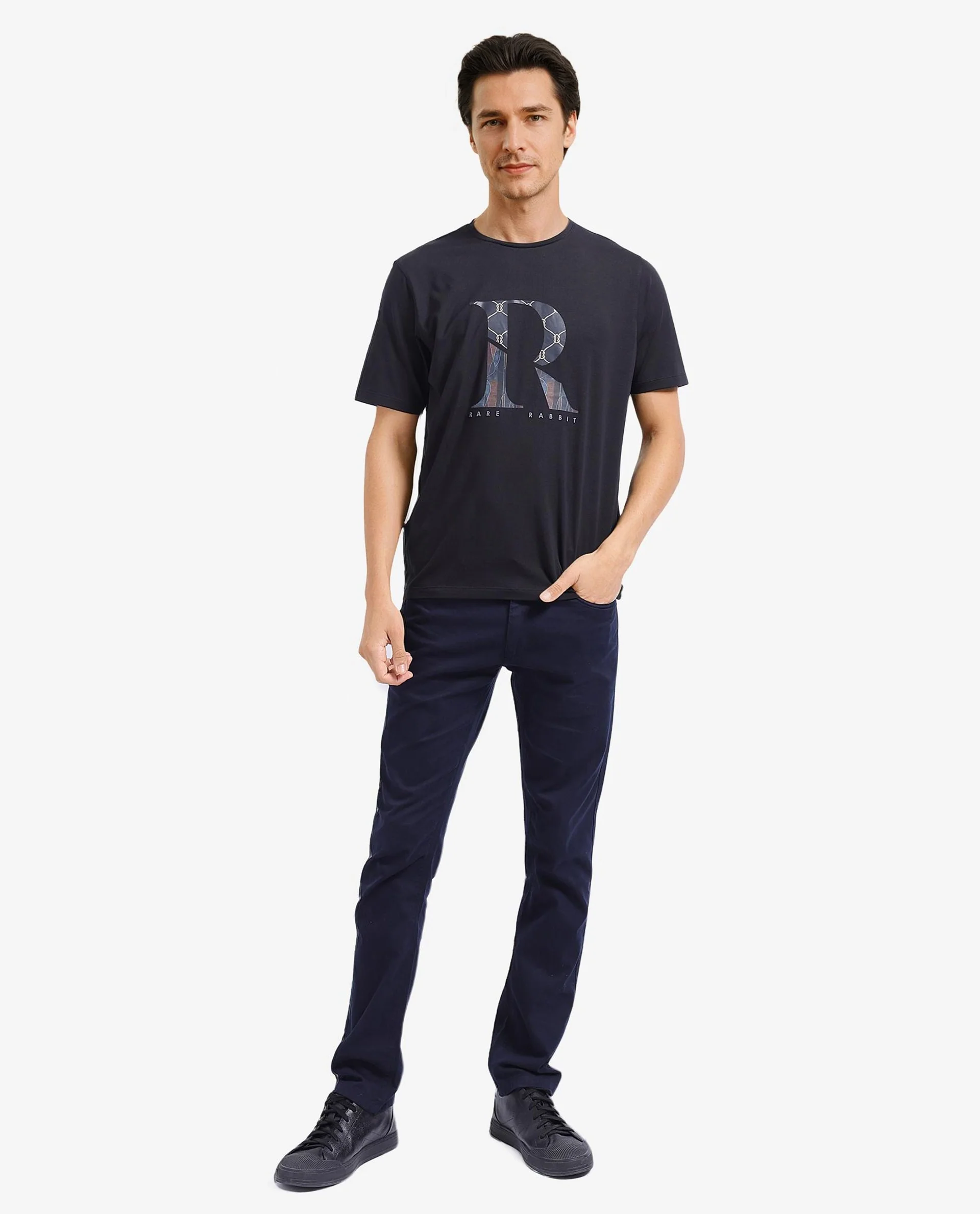 Rare Rabbit Men's Qeat Black Graphic Print Regular Fit Half Sleeve Crew Neck T-Shirt - Image 3