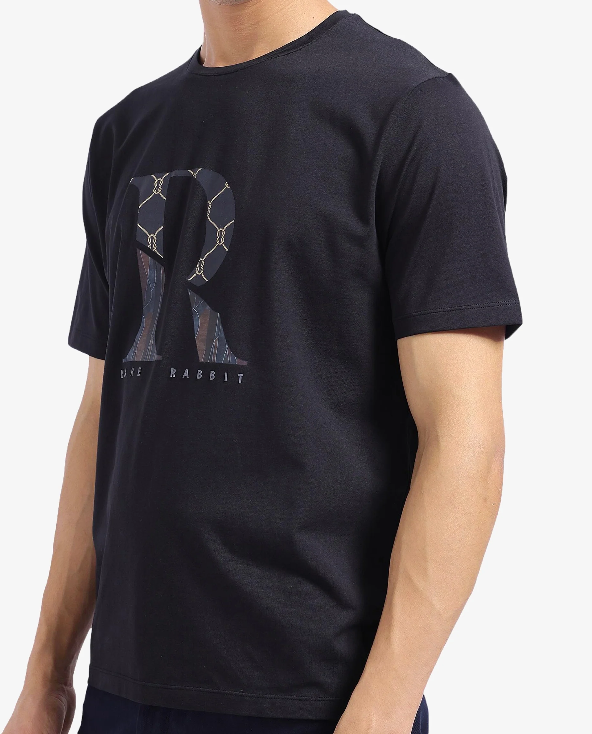 Rare Rabbit Men's Qeat Black Graphic Print Regular Fit Half Sleeve Crew Neck T-Shirt - Image 6
