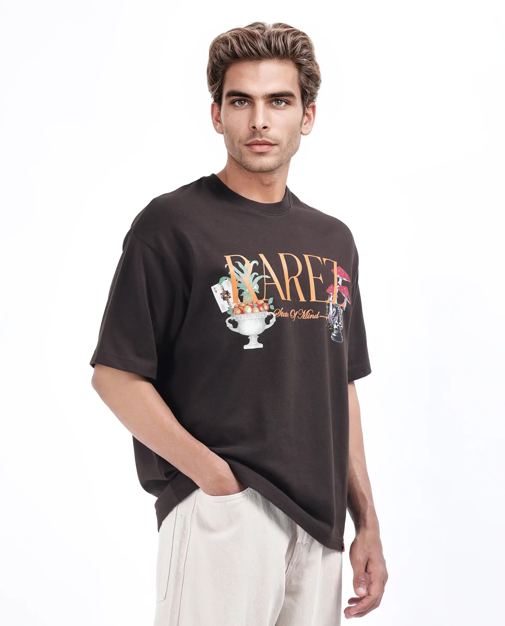 Rare Rabbit Men's Qena Brown Cotton Graphic Print Oversized Fit Half Sleeve Crew Neck T-Shirt - Image 2