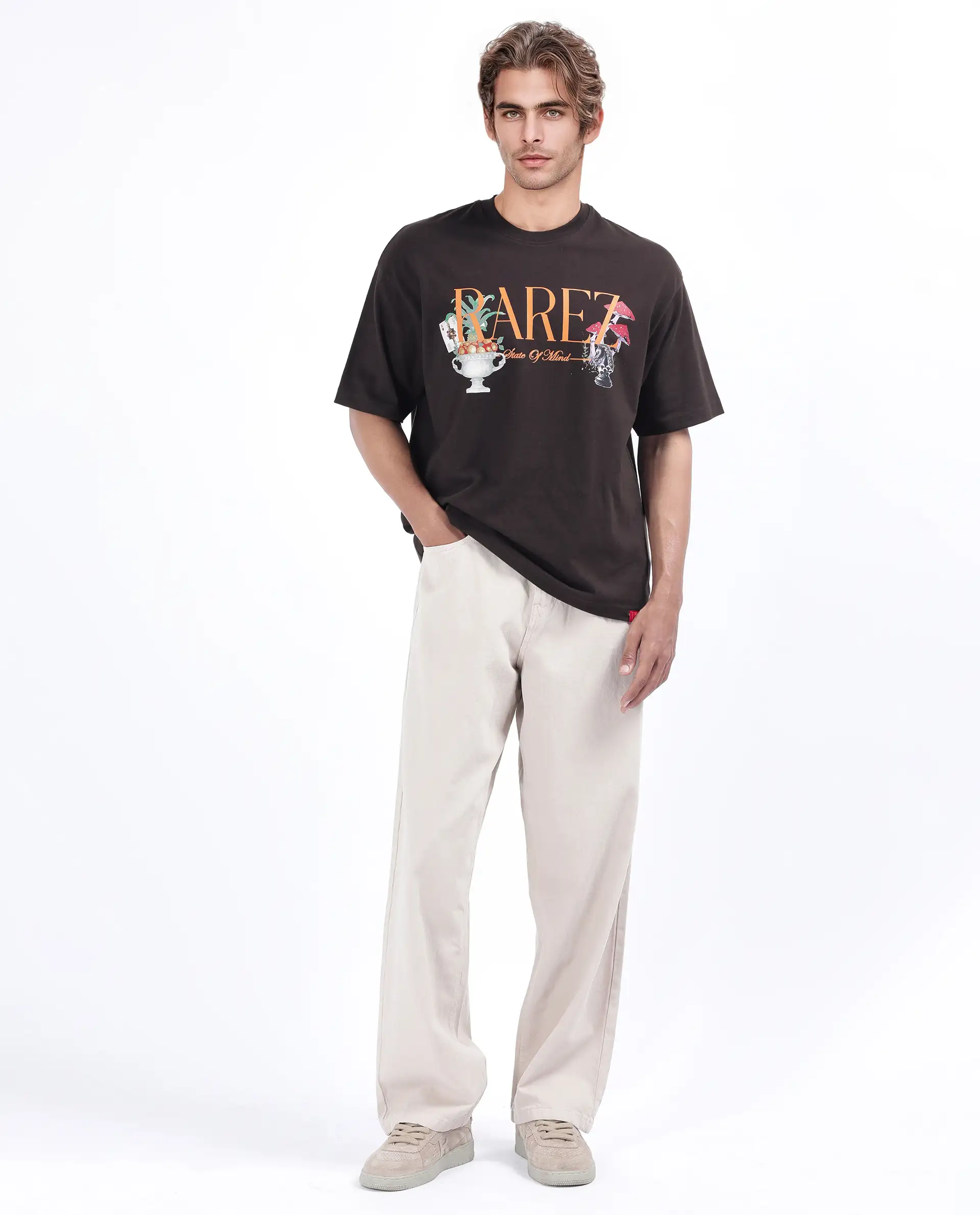 Rare Rabbit Men's Qena Brown Cotton Graphic Print Oversized Fit Half Sleeve Crew Neck T-Shirt - Image 3