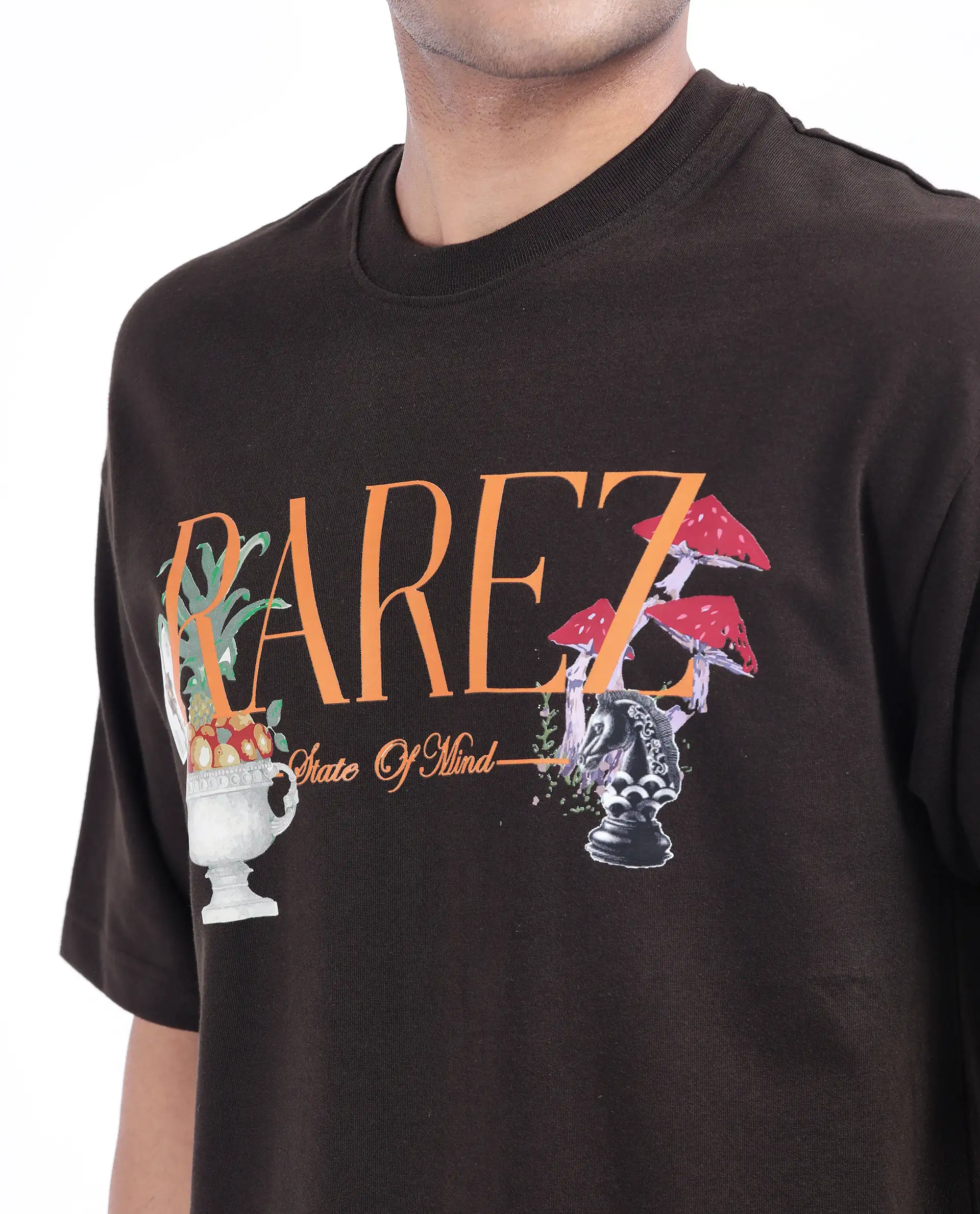Rare Rabbit Men's Qena Brown Cotton Graphic Print Oversized Fit Half Sleeve Crew Neck T-Shirt - Image 4