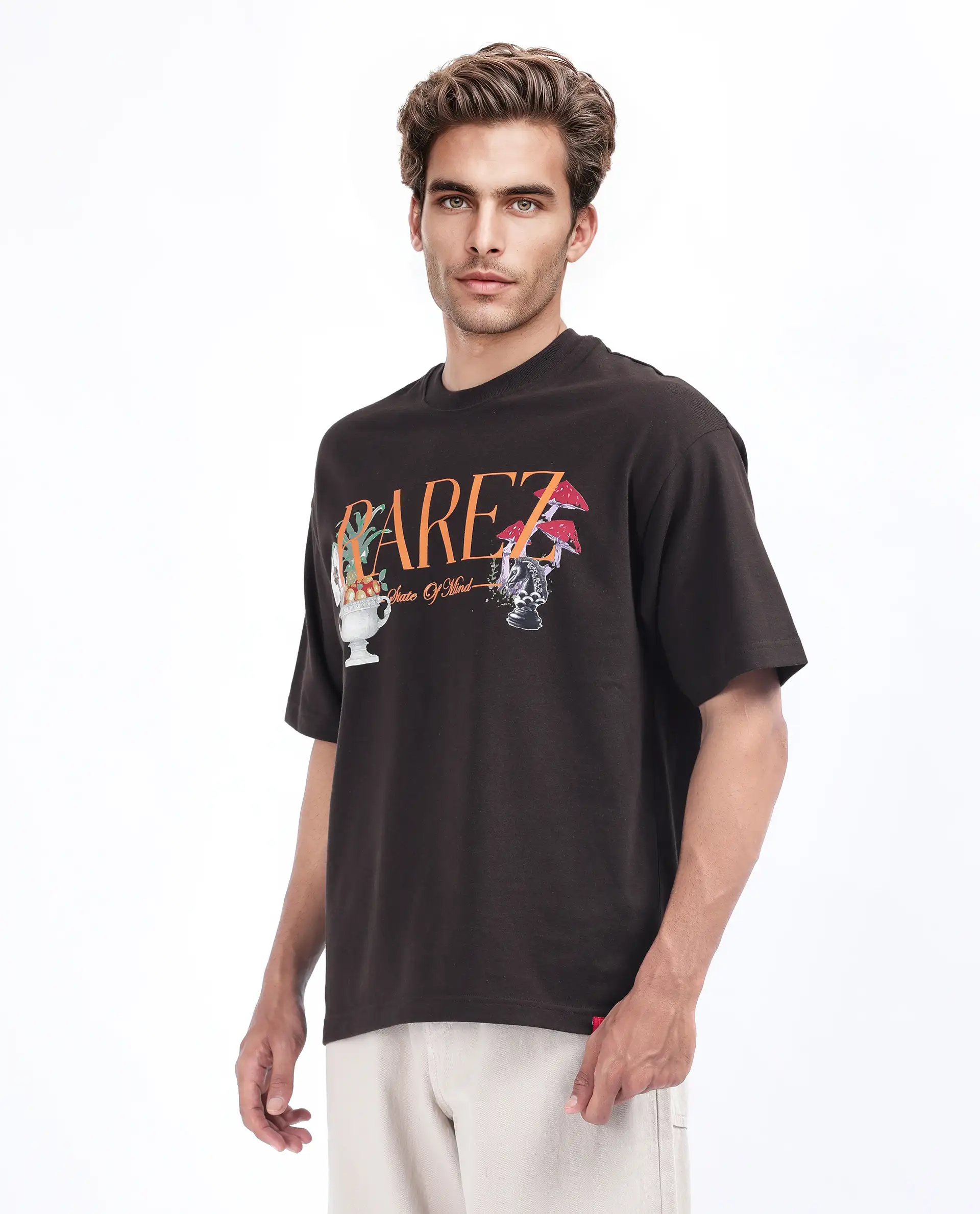 Rare Rabbit Men's Qena Brown Cotton Graphic Print Oversized Fit Half Sleeve Crew Neck T-Shirt - Image 6