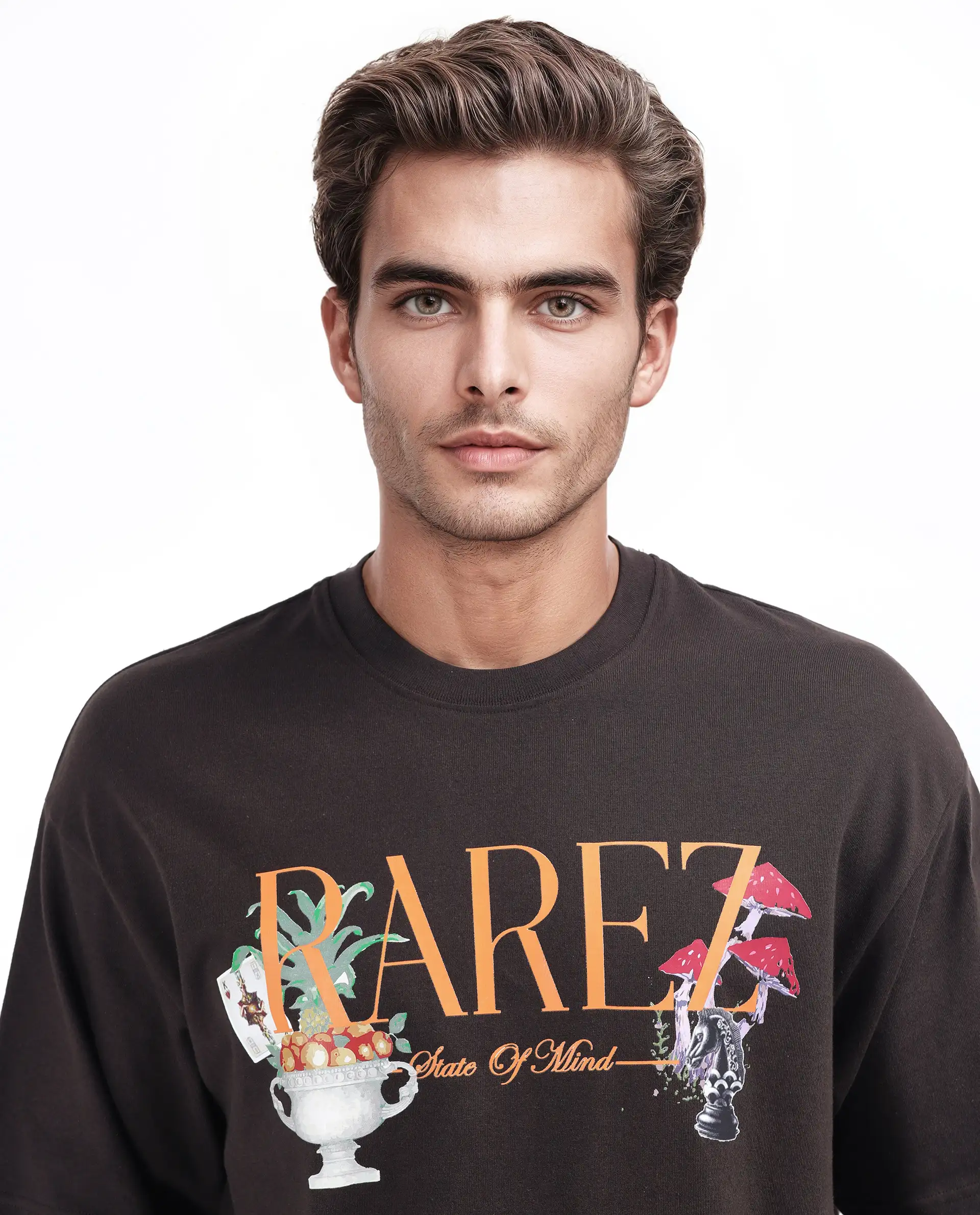Rare Rabbit Men's Qena Brown Cotton Graphic Print Oversized Fit Half Sleeve Crew Neck T-Shirt - Image 7