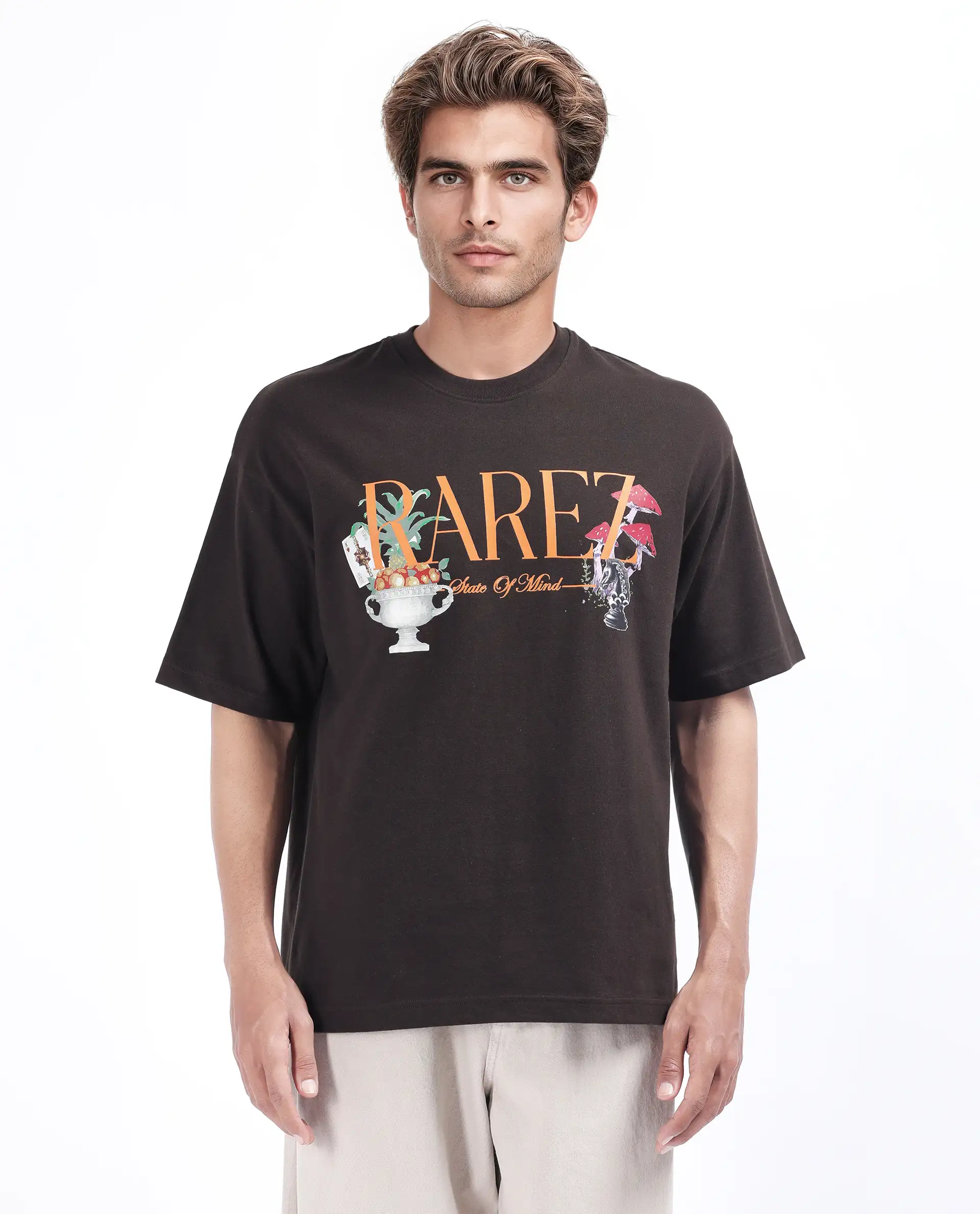 Rare Rabbit Men's Qena Brown Cotton Graphic Print Oversized Fit Half Sleeve Crew Neck T-Shirt - Image 8