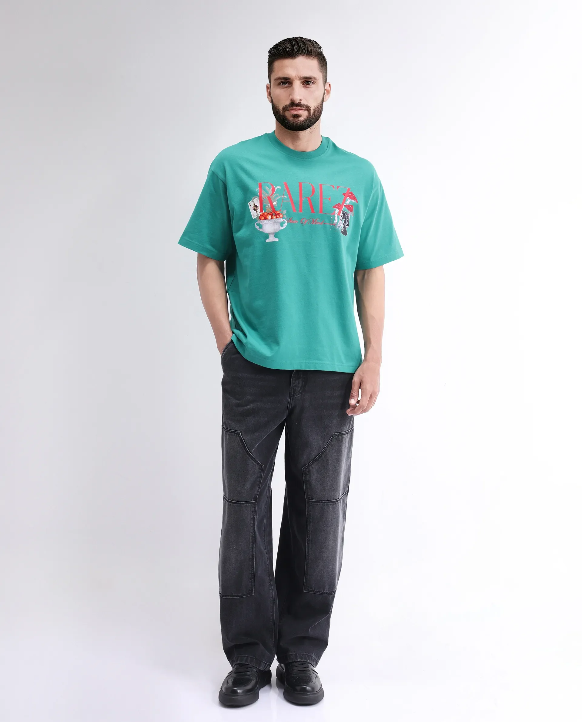Rare Rabbit Men's Qena Green Cotton Graphic Print Oversized Fit Half Sleeve Crew Neck T-Shirt - Image 2
