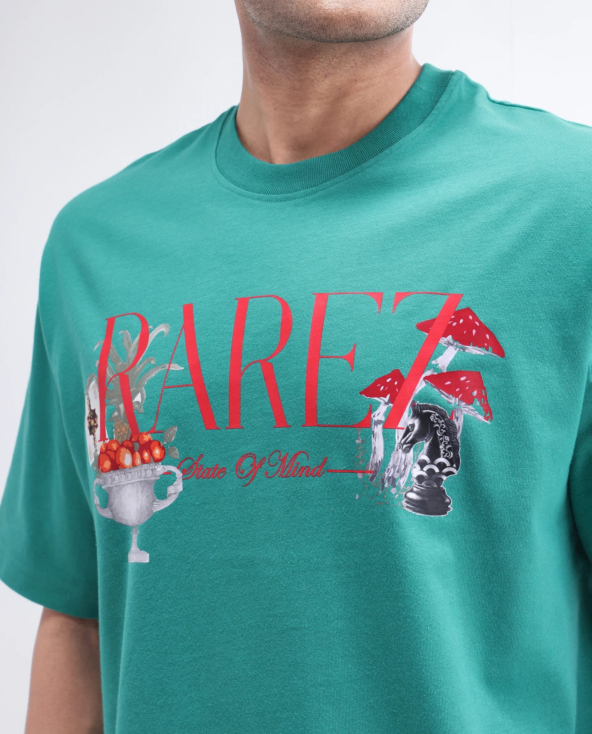 Rare Rabbit Men's Qena Green Cotton Graphic Print Oversized Fit Half Sleeve Crew Neck T-Shirt - Image 3