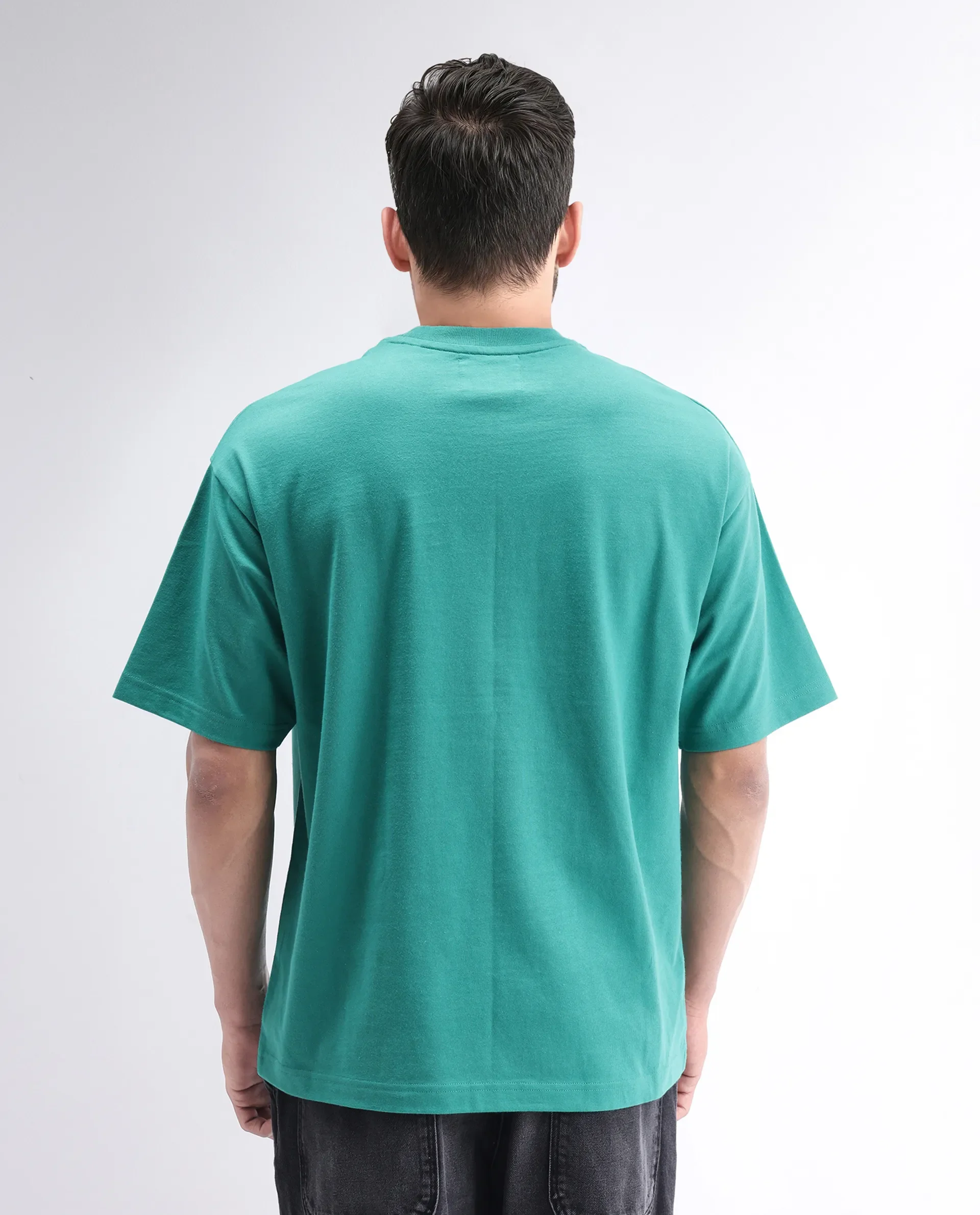 Rare Rabbit Men's Qena Green Cotton Graphic Print Oversized Fit Half Sleeve Crew Neck T-Shirt - Image 4