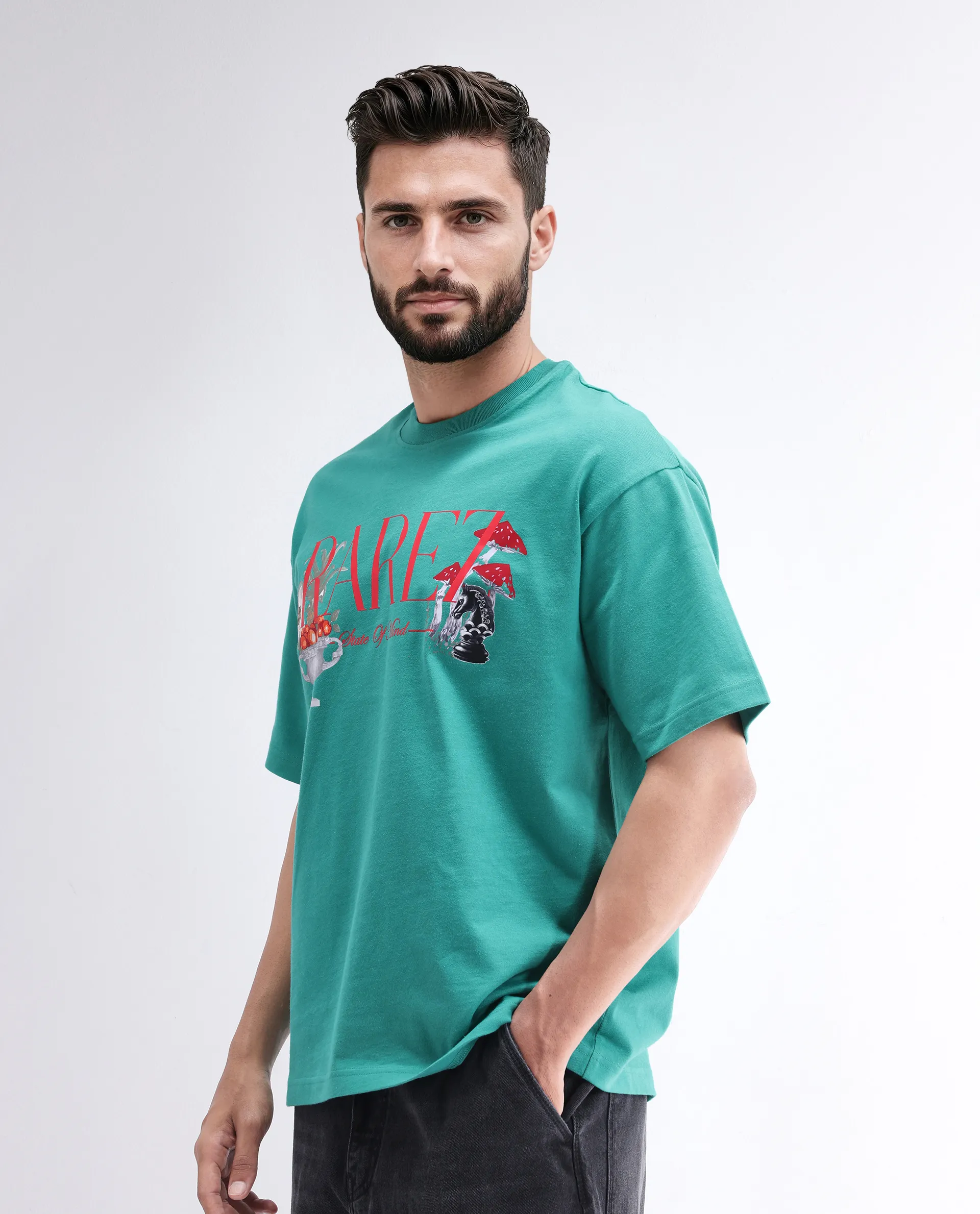 Rare Rabbit Men's Qena Green Cotton Graphic Print Oversized Fit Half Sleeve Crew Neck T-Shirt - Image 5