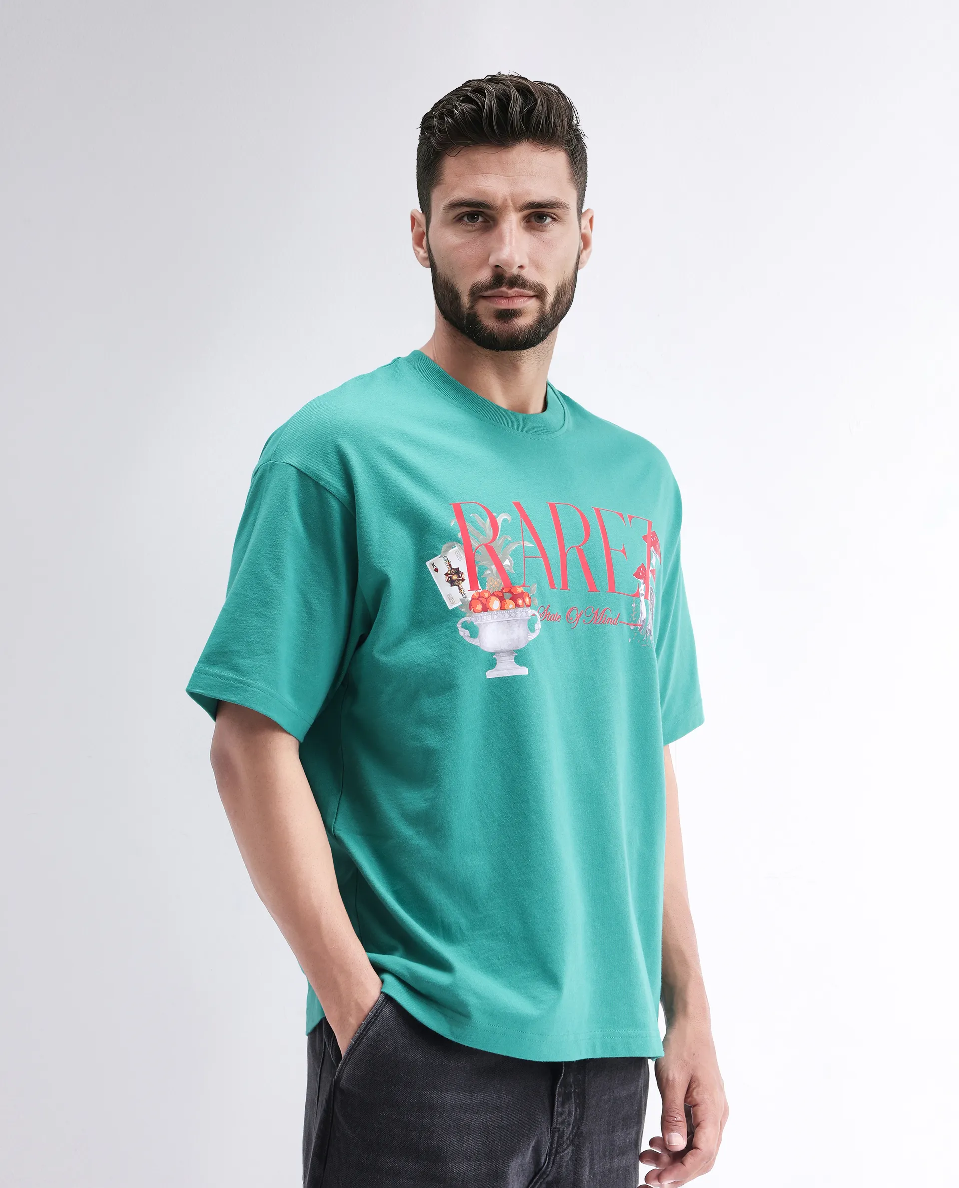 Rare Rabbit Men's Qena Green Cotton Graphic Print Oversized Fit Half Sleeve Crew Neck T-Shirt - Image 6
