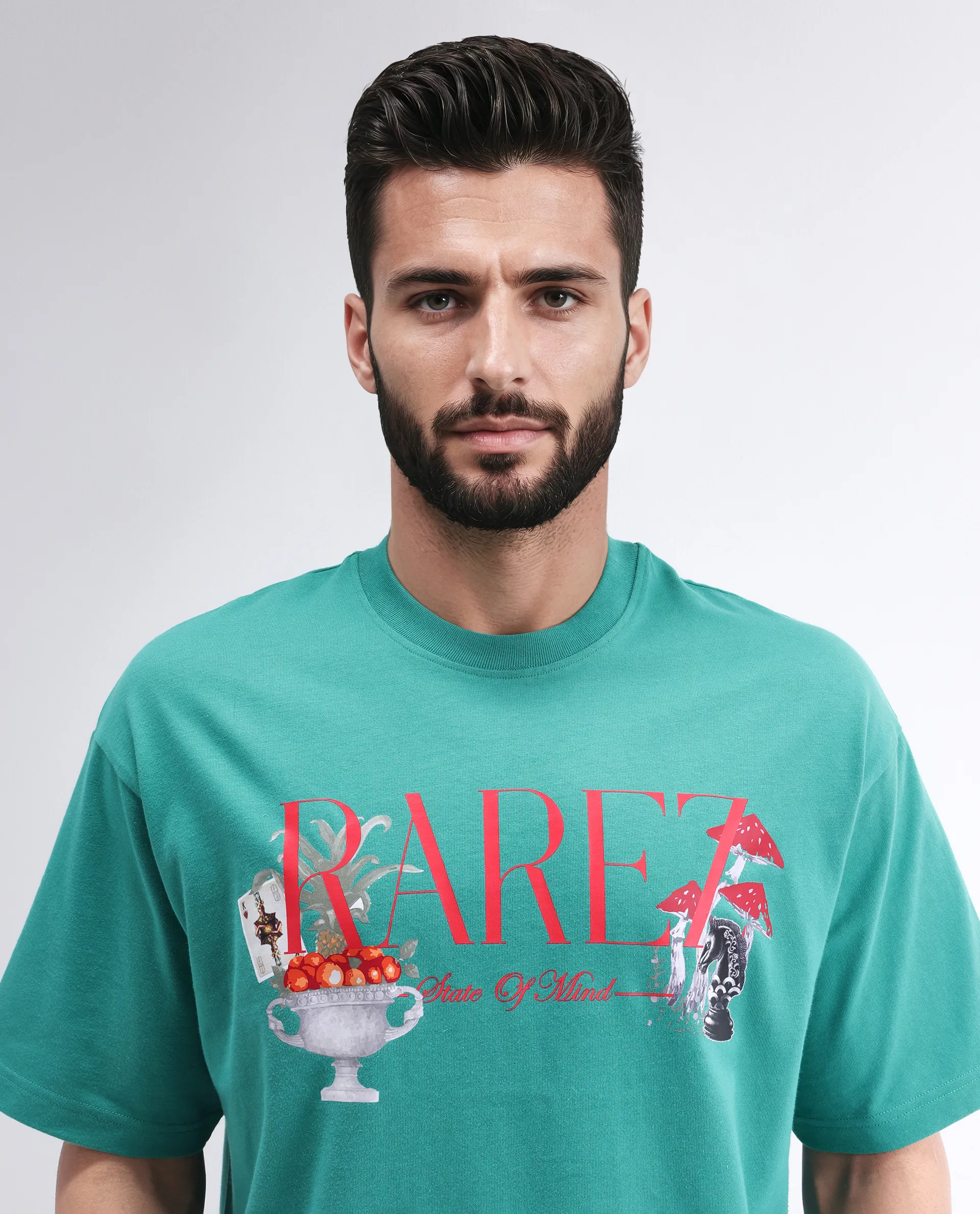Rare Rabbit Men's Qena Green Cotton Graphic Print Oversized Fit Half Sleeve Crew Neck T-Shirt - Image 7