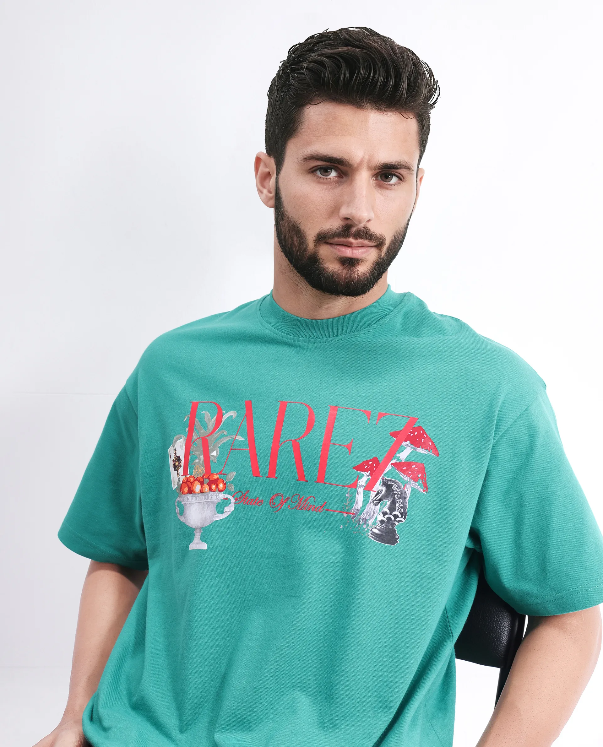 Rare Rabbit Men's Qena Green Cotton Graphic Print Oversized Fit Half Sleeve Crew Neck T-Shirt - Image 8