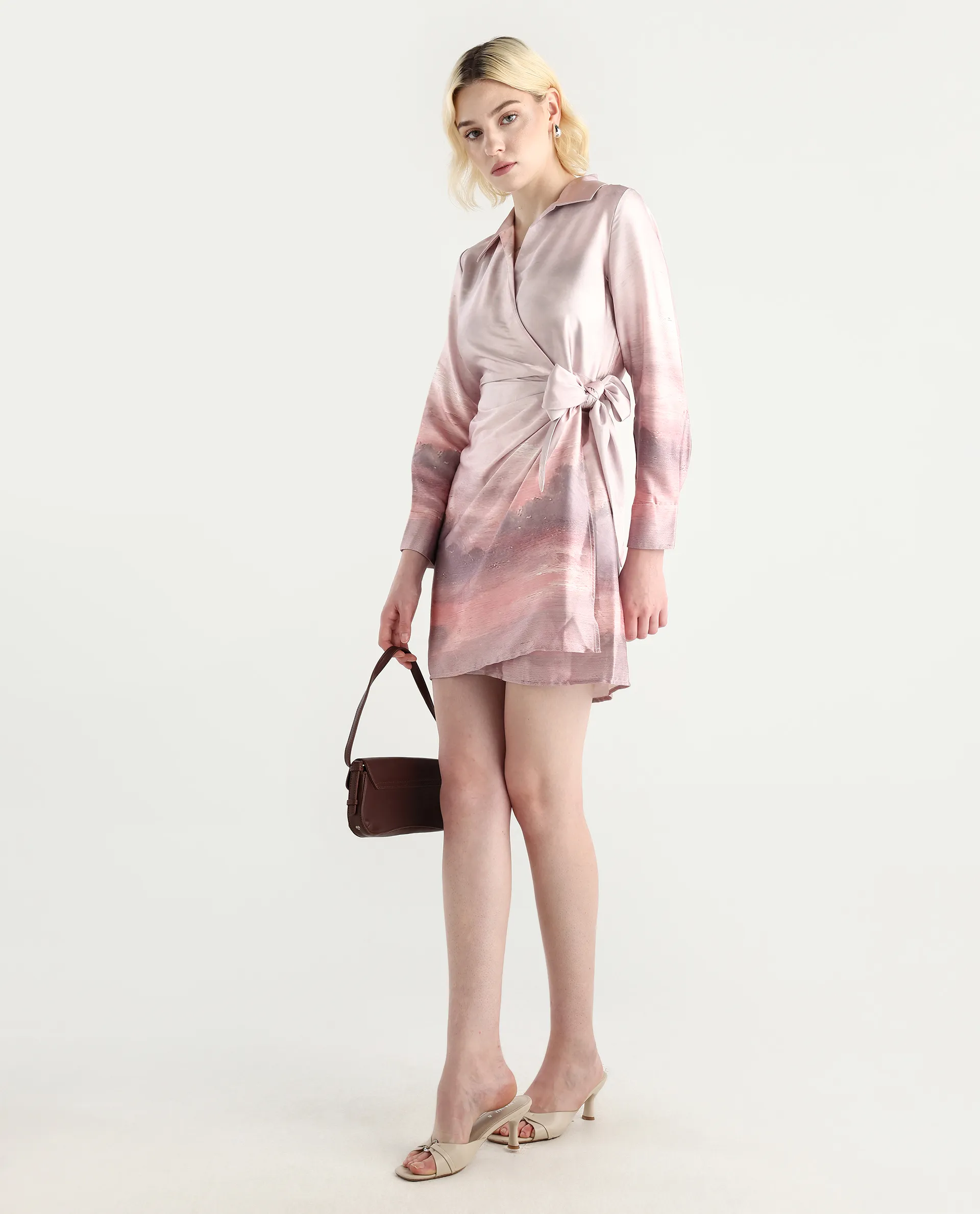 Rareism Women's Qert Dusky Multi Satin Johnny Collar Abstract Print Cuffed Sleeve Mini Straight Fit Dress - Image 3