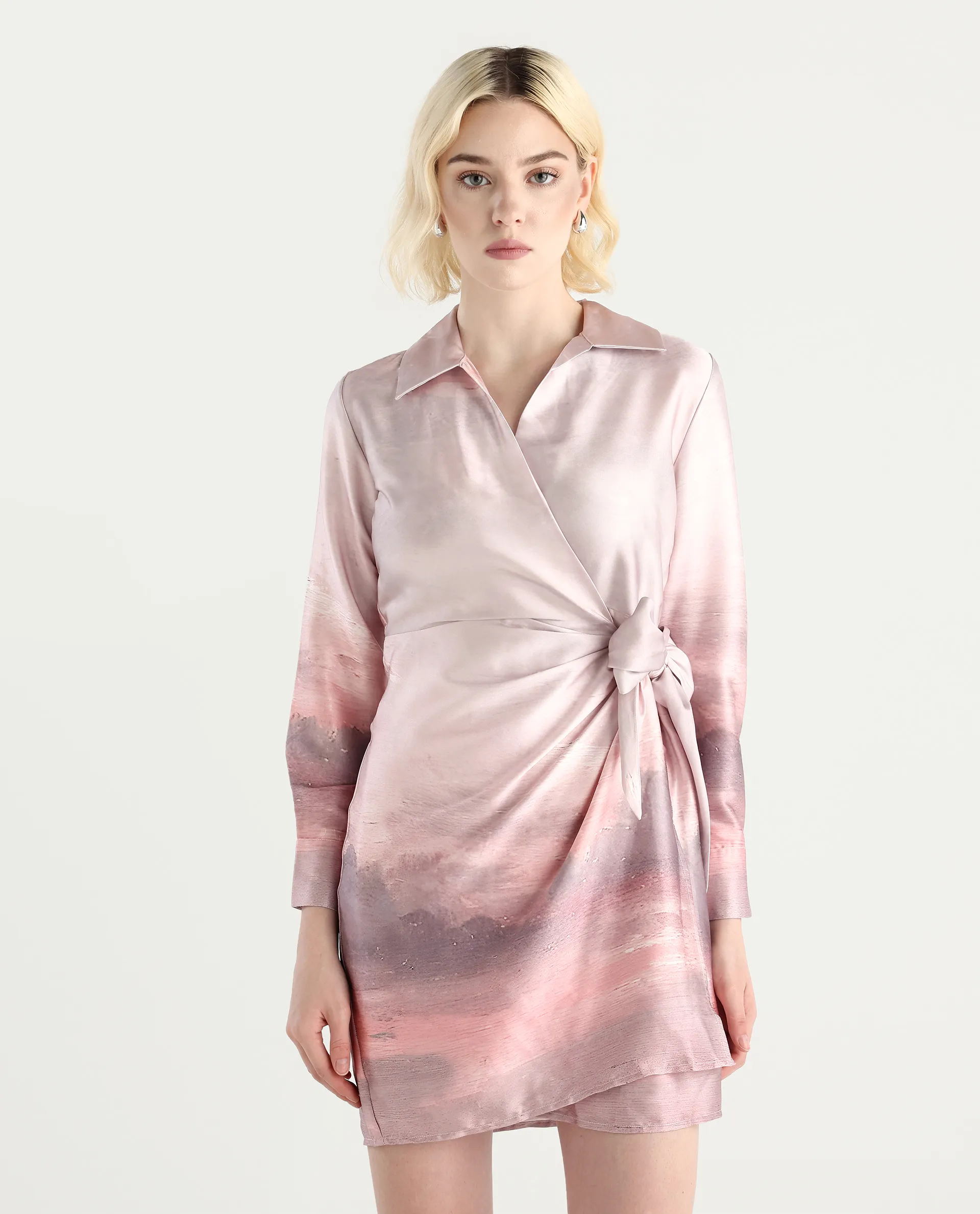 Rareism Women's Qert Dusky Multi Satin Johnny Collar Abstract Print Cuffed Sleeve Mini Straight Fit Dress - Image 4