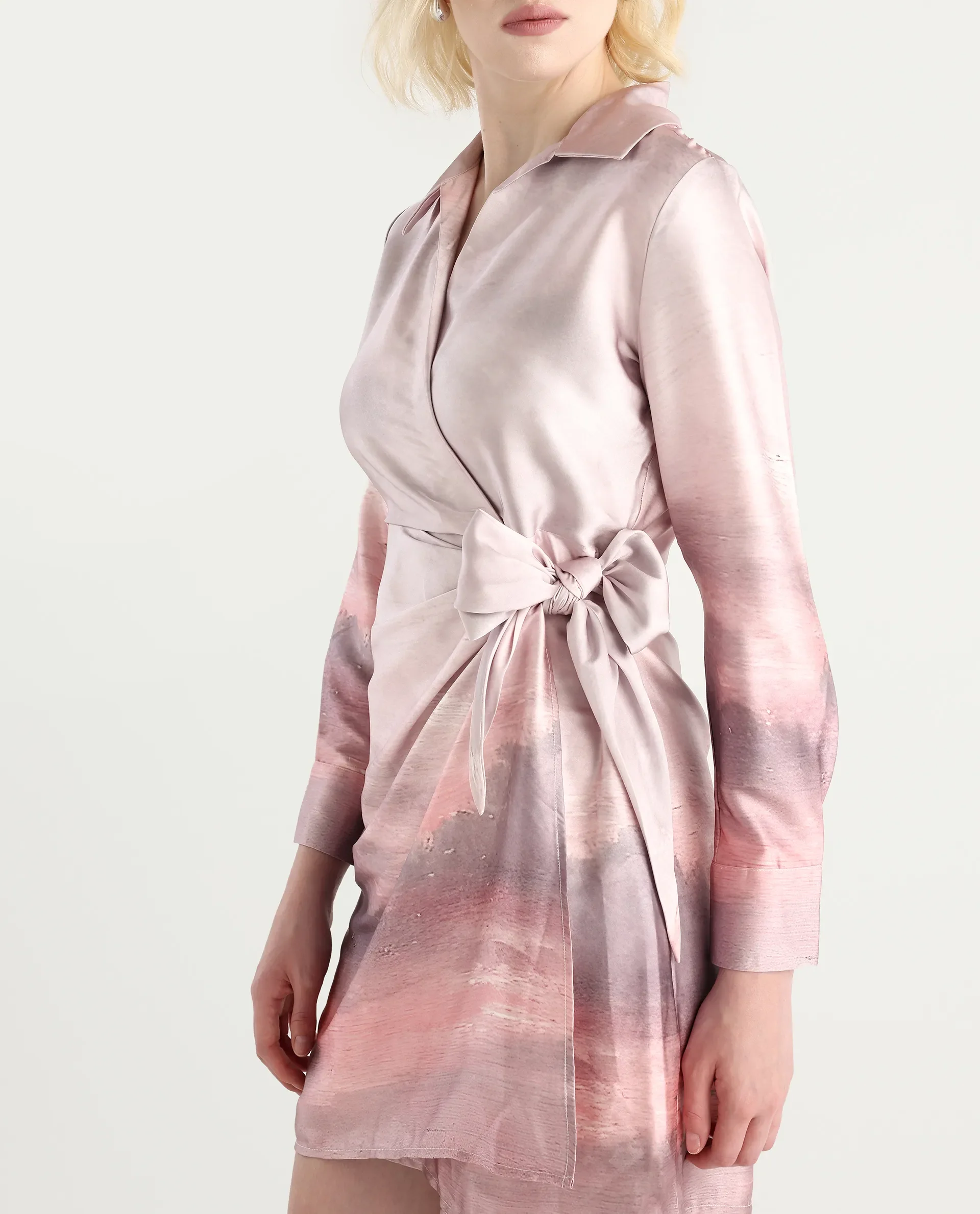 Rareism Women's Qert Dusky Multi Satin Johnny Collar Abstract Print Cuffed Sleeve Mini Straight Fit Dress - Image 5