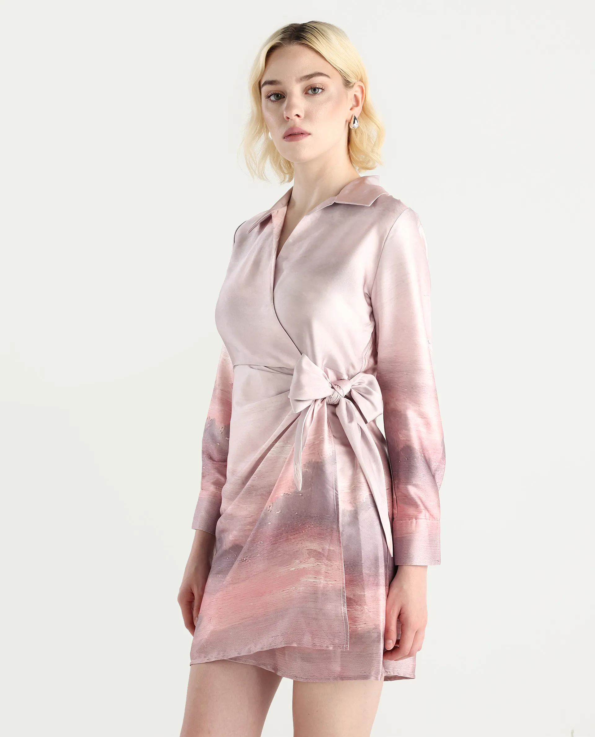 Rareism Women's Qert Dusky Multi Satin Johnny Collar Abstract Print Cuffed Sleeve Mini Straight Fit Dress - Image 6