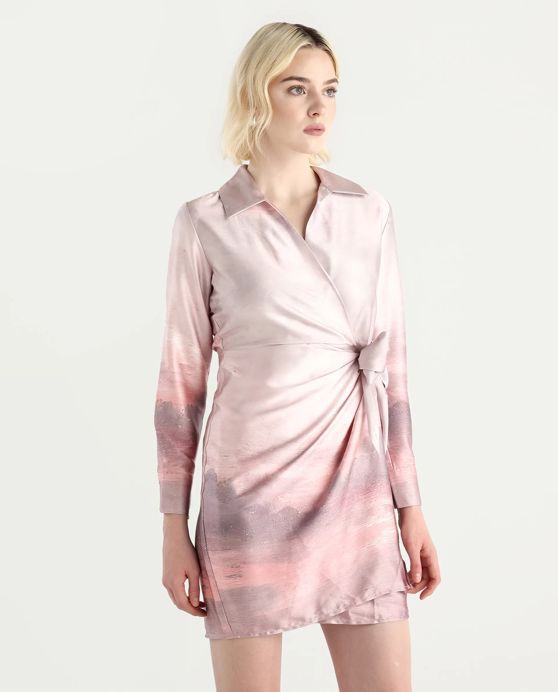 Rareism Women's Qert Dusky Multi Satin Johnny Collar Abstract Print Cuffed Sleeve Mini Straight Fit Dress - Image 7