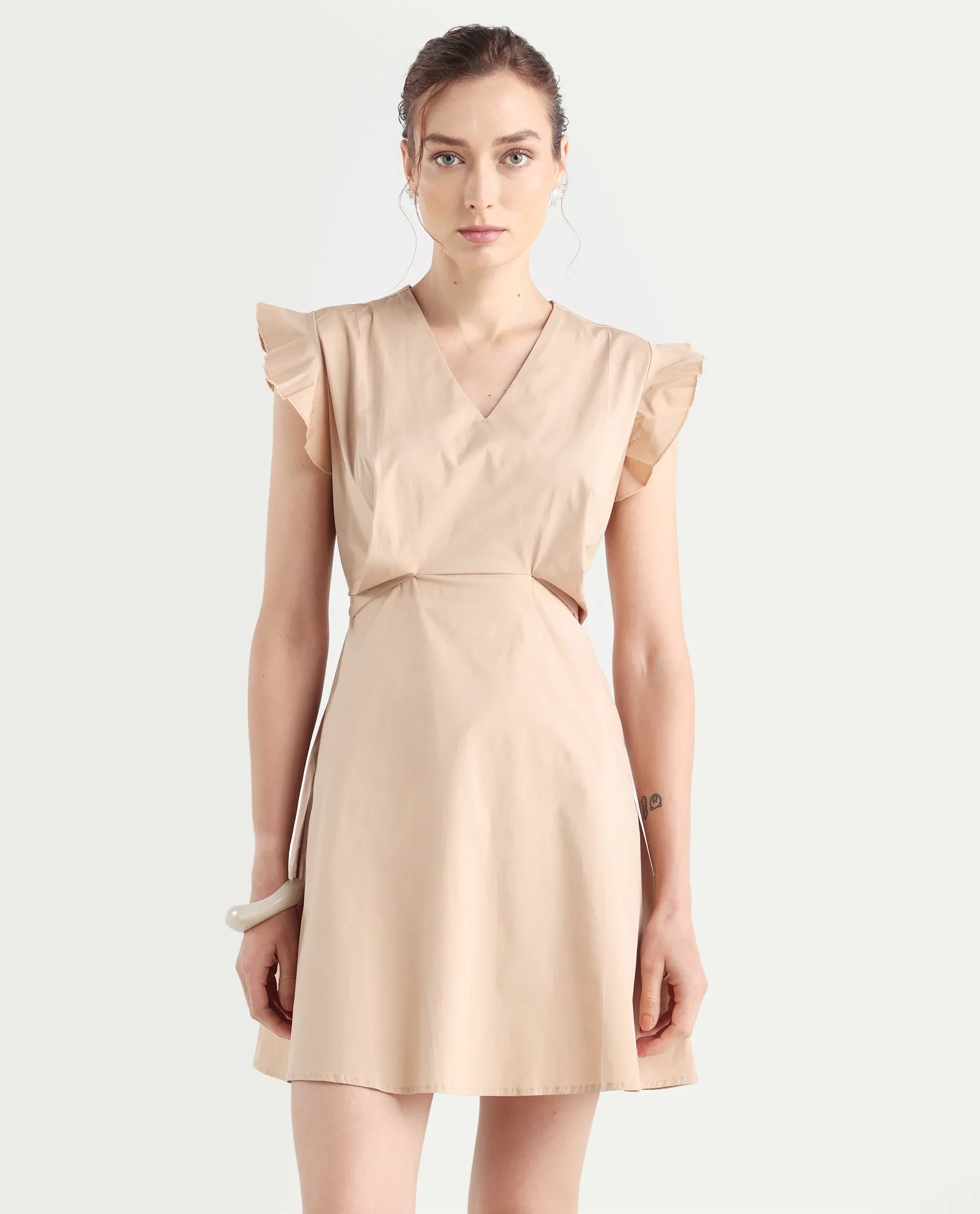 Rareism Women's Qinc Beige Cotton Blend V-Neck Plain Ruffled Sleeve Mini Fit And Flare Dress - Image 3
