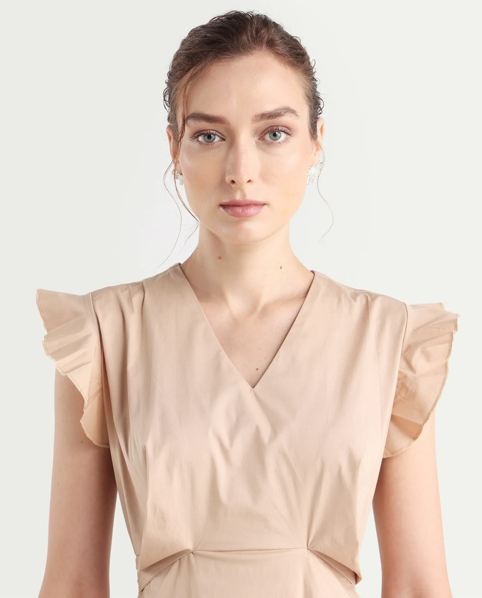 Rareism Women's Qinc Beige Cotton Blend V-Neck Plain Ruffled Sleeve Mini Fit And Flare Dress - Image 4