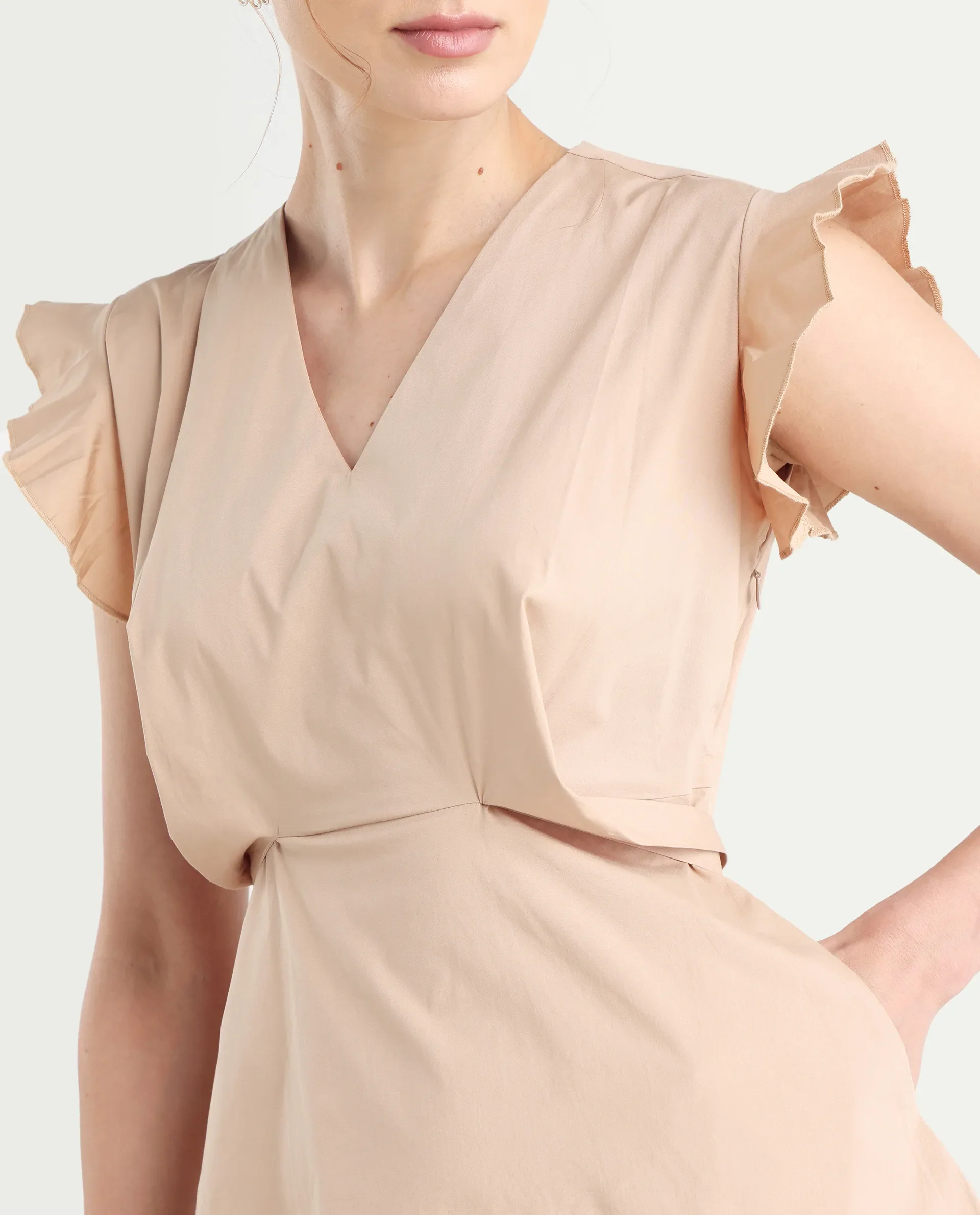 Rareism Women's Qinc Beige Cotton Blend V-Neck Plain Ruffled Sleeve Mini Fit And Flare Dress - Image 5