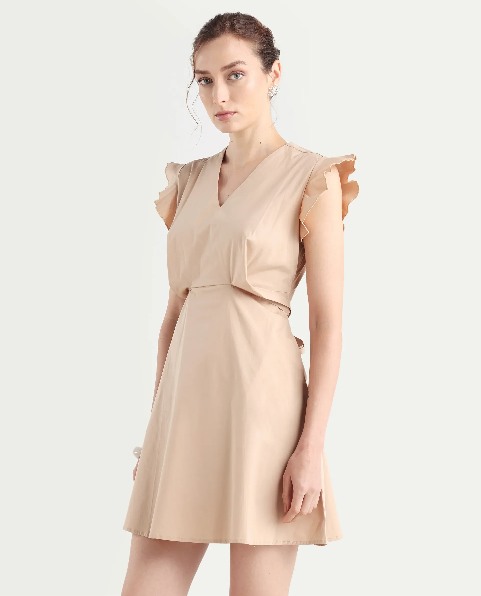 Rareism Women's Qinc Beige Cotton Blend V-Neck Plain Ruffled Sleeve Mini Fit And Flare Dress - Image 6