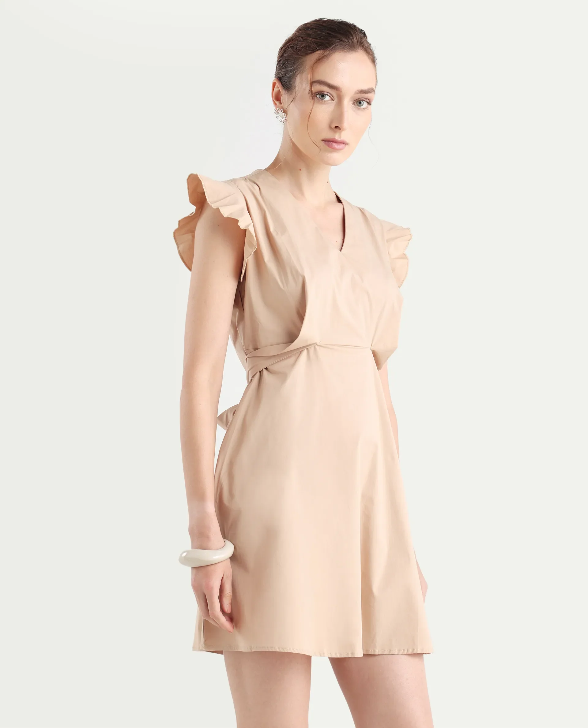 Rareism Women's Qinc Beige Cotton Blend V-Neck Plain Ruffled Sleeve Mini Fit And Flare Dress - Image 7