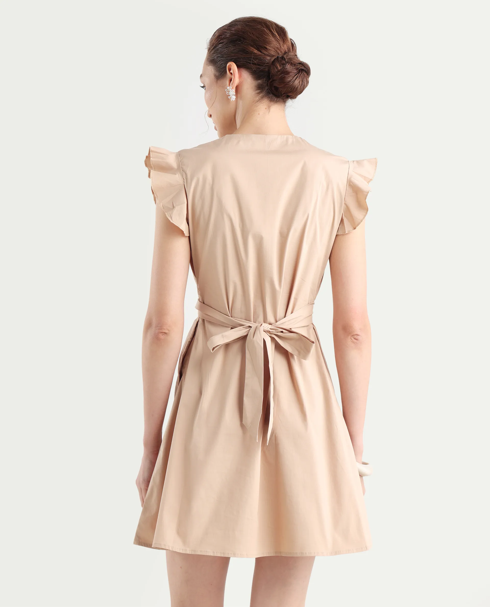 Rareism Women's Qinc Beige Cotton Blend V-Neck Plain Ruffled Sleeve Mini Fit And Flare Dress - Image 8