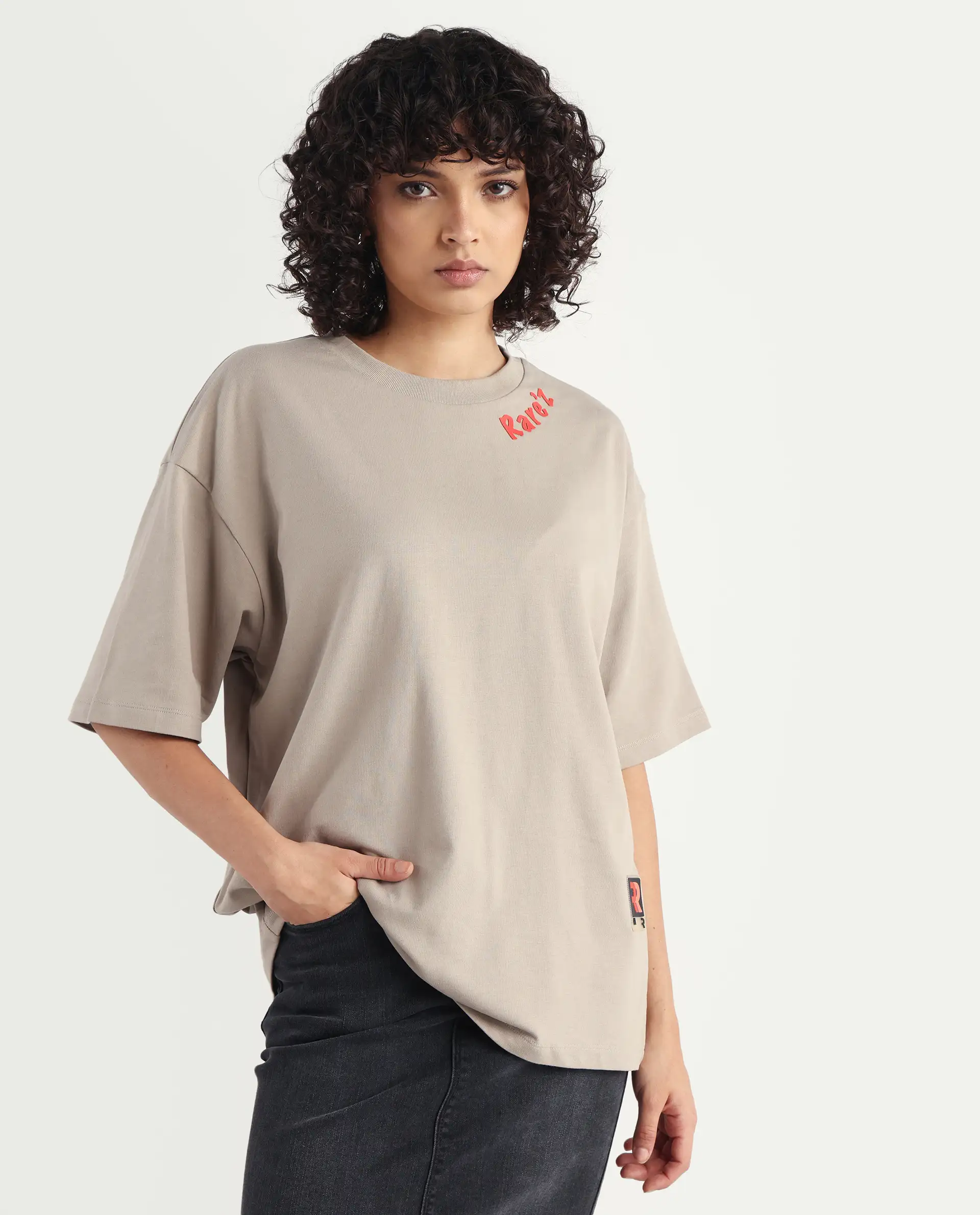 Rareism Women's Qlax Beige Cotton Graphic Print Oversized T-Shirt - Image 3