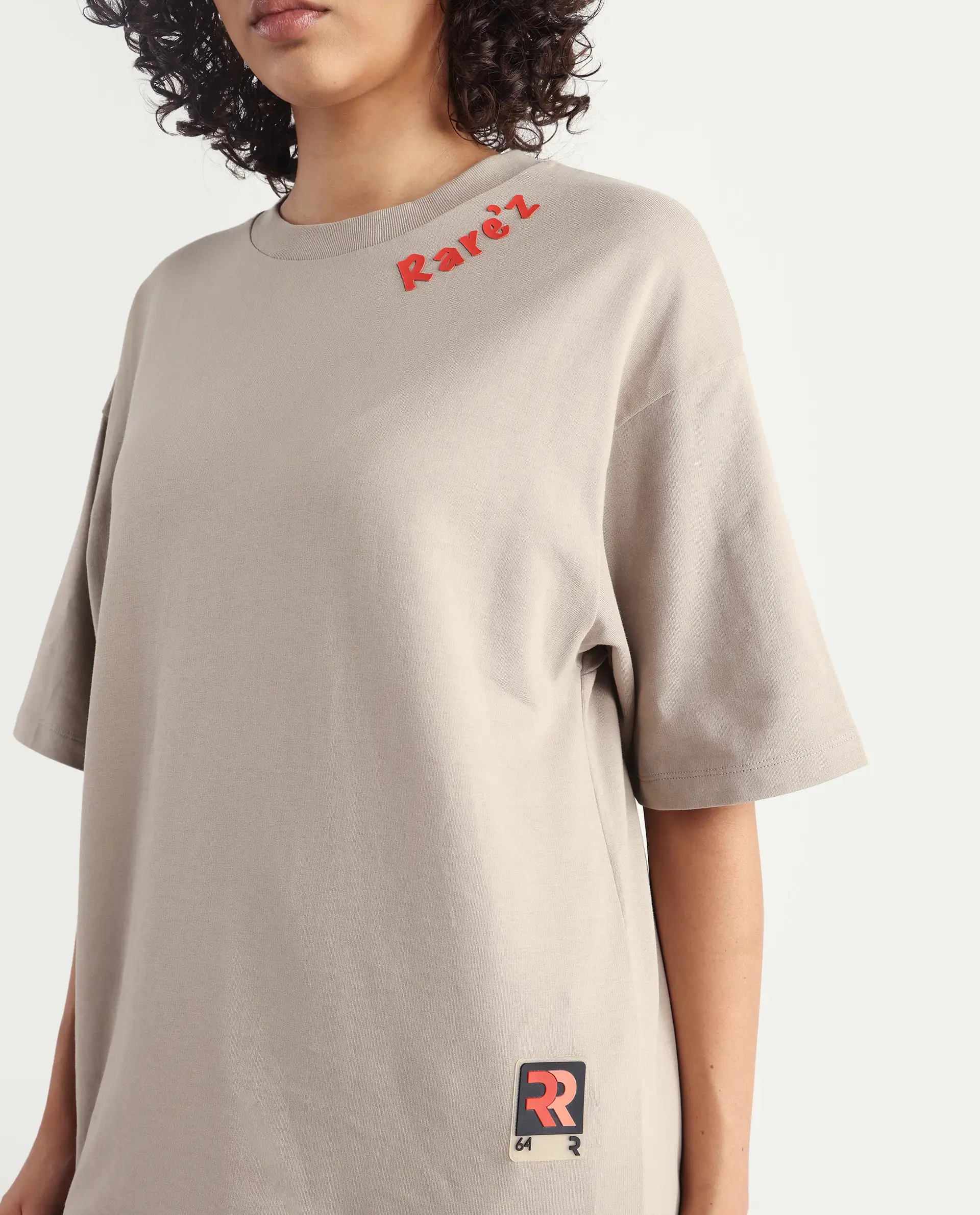 Rareism Women's Qlax Beige Cotton Graphic Print Oversized T-Shirt - Image 4