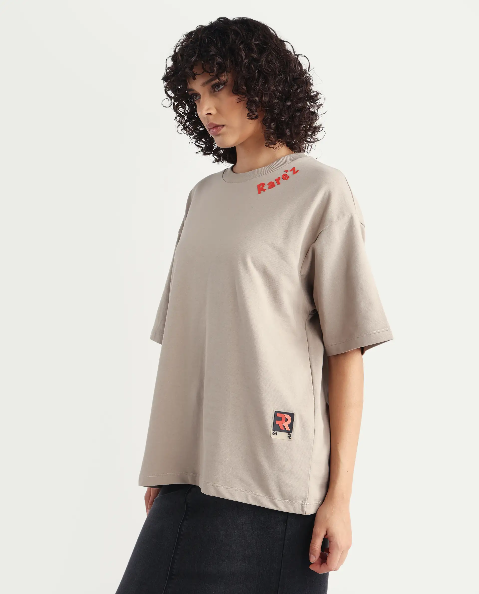 Rareism Women's Qlax Beige Cotton Graphic Print Oversized T-Shirt - Image 5