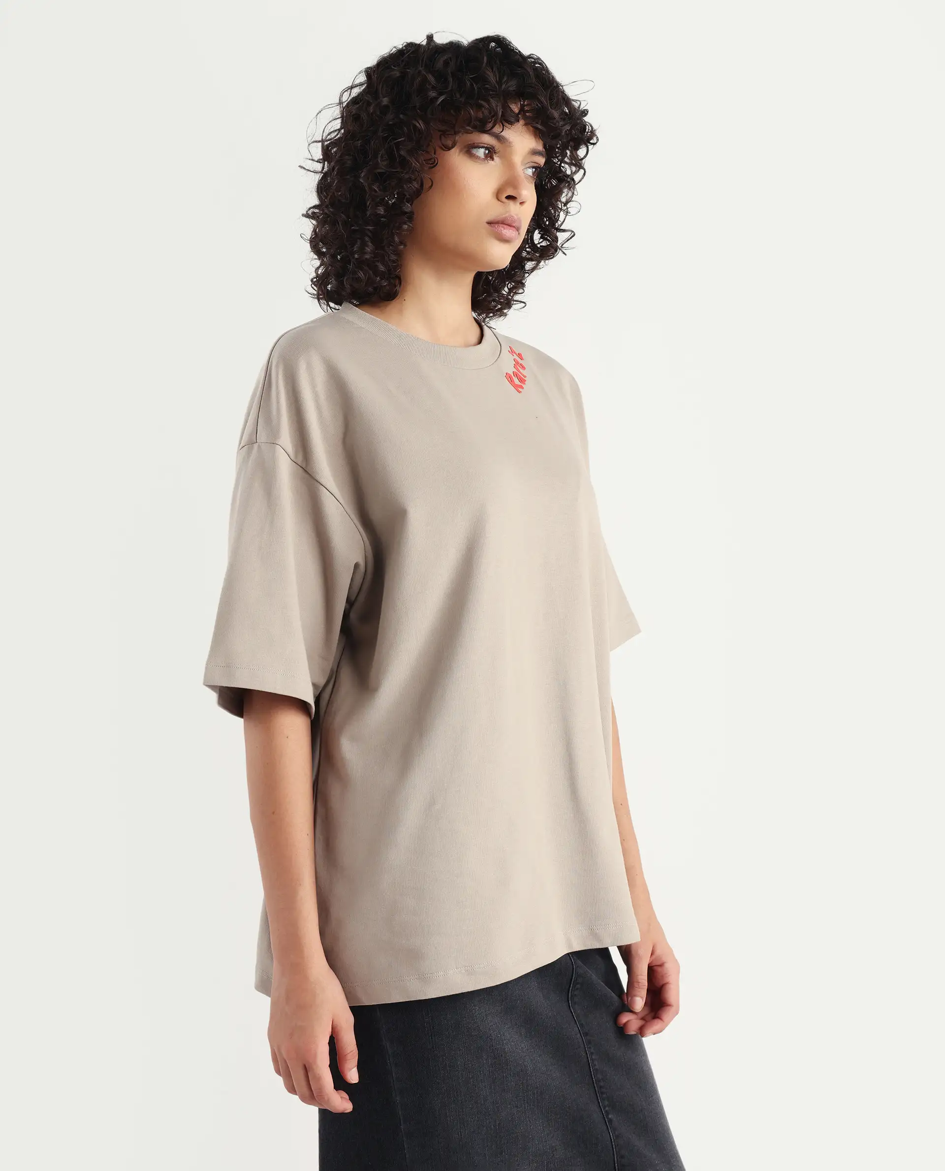 Rareism Women's Qlax Beige Cotton Graphic Print Oversized T-Shirt - Image 6