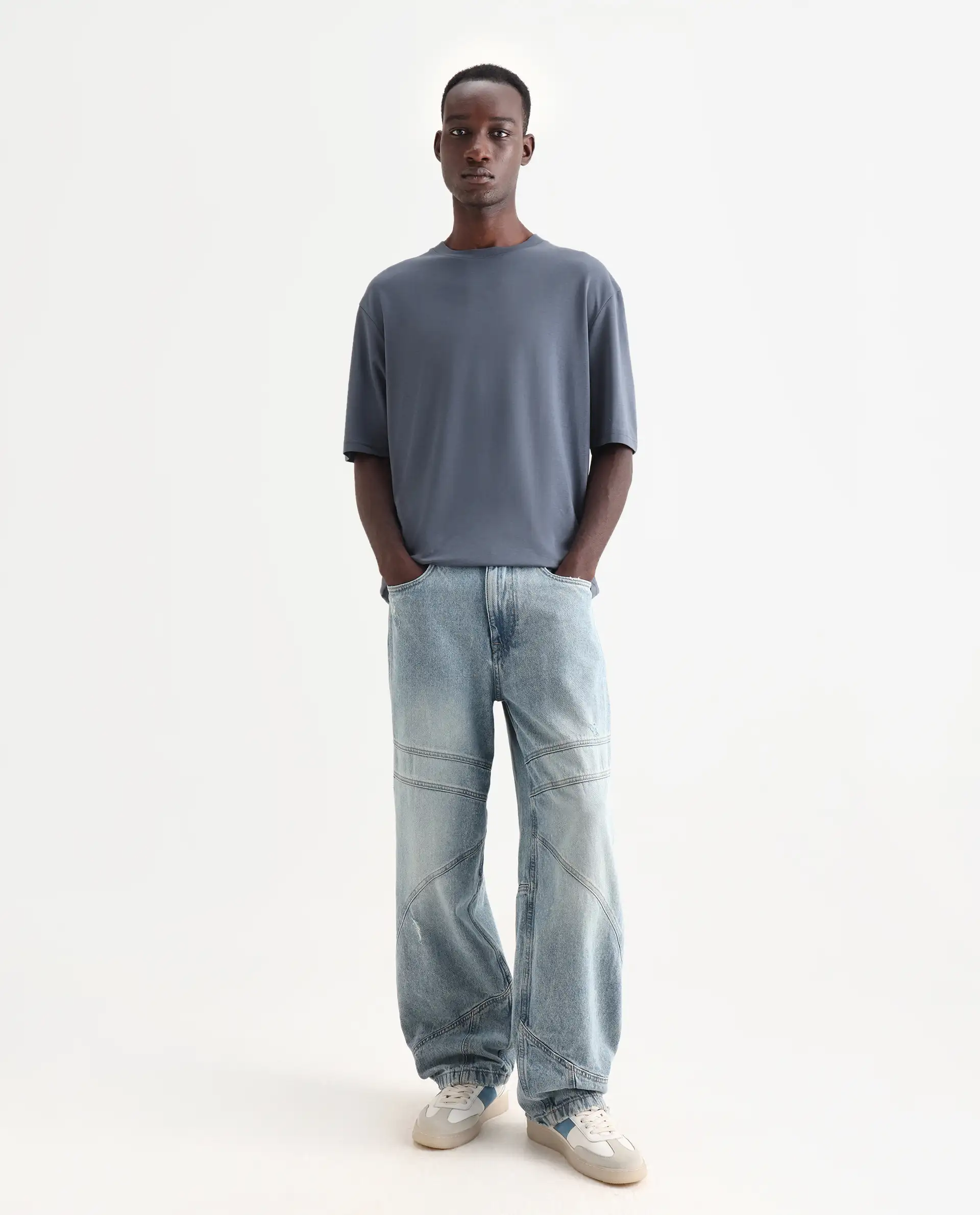 Rare Rabbit Men's Qlo Dusky Blue Cotton Blend Plain Oversized Fit Half Sleeve Crew Neck T-Shirt - Image 2