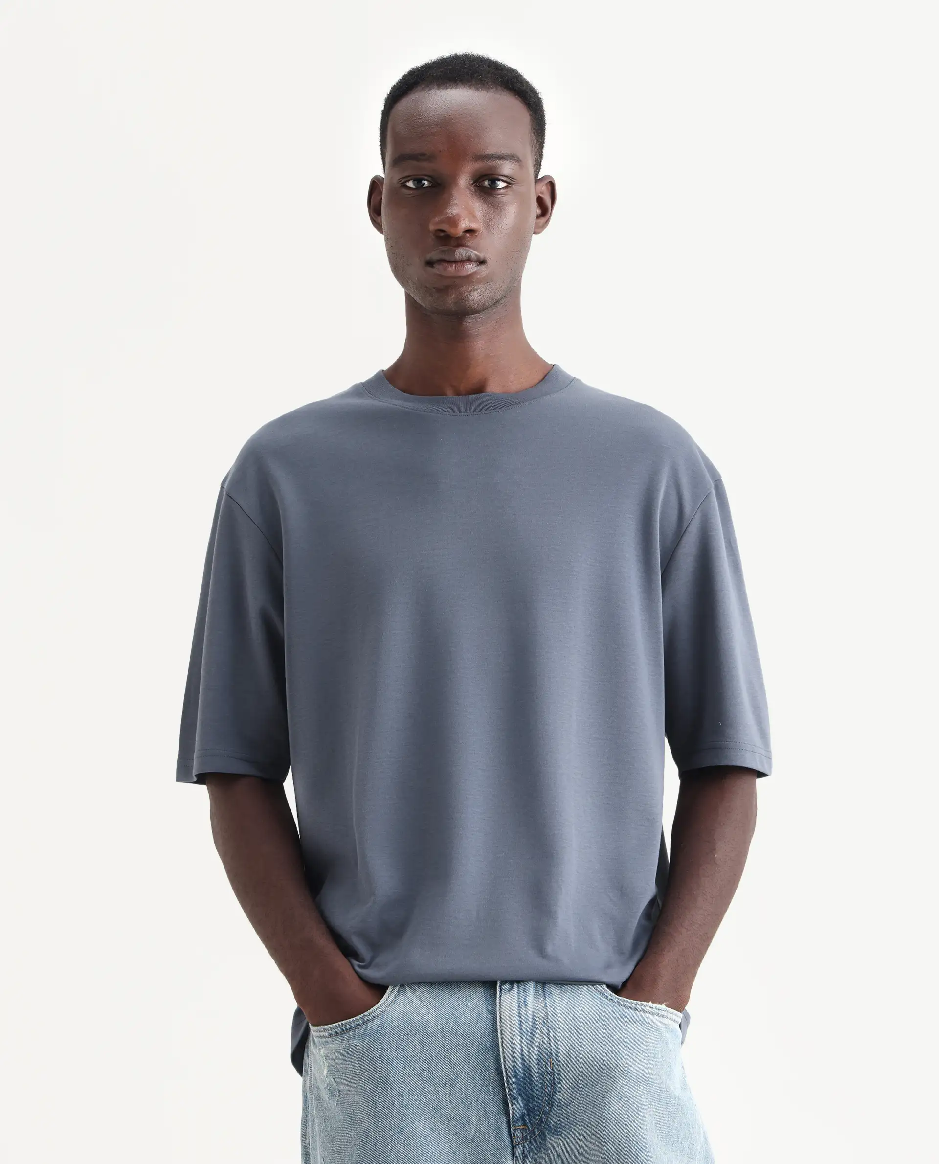 Rare Rabbit Men's Qlo Dusky Blue Cotton Blend Plain Oversized Fit Half Sleeve Crew Neck T-Shirt - Image 4