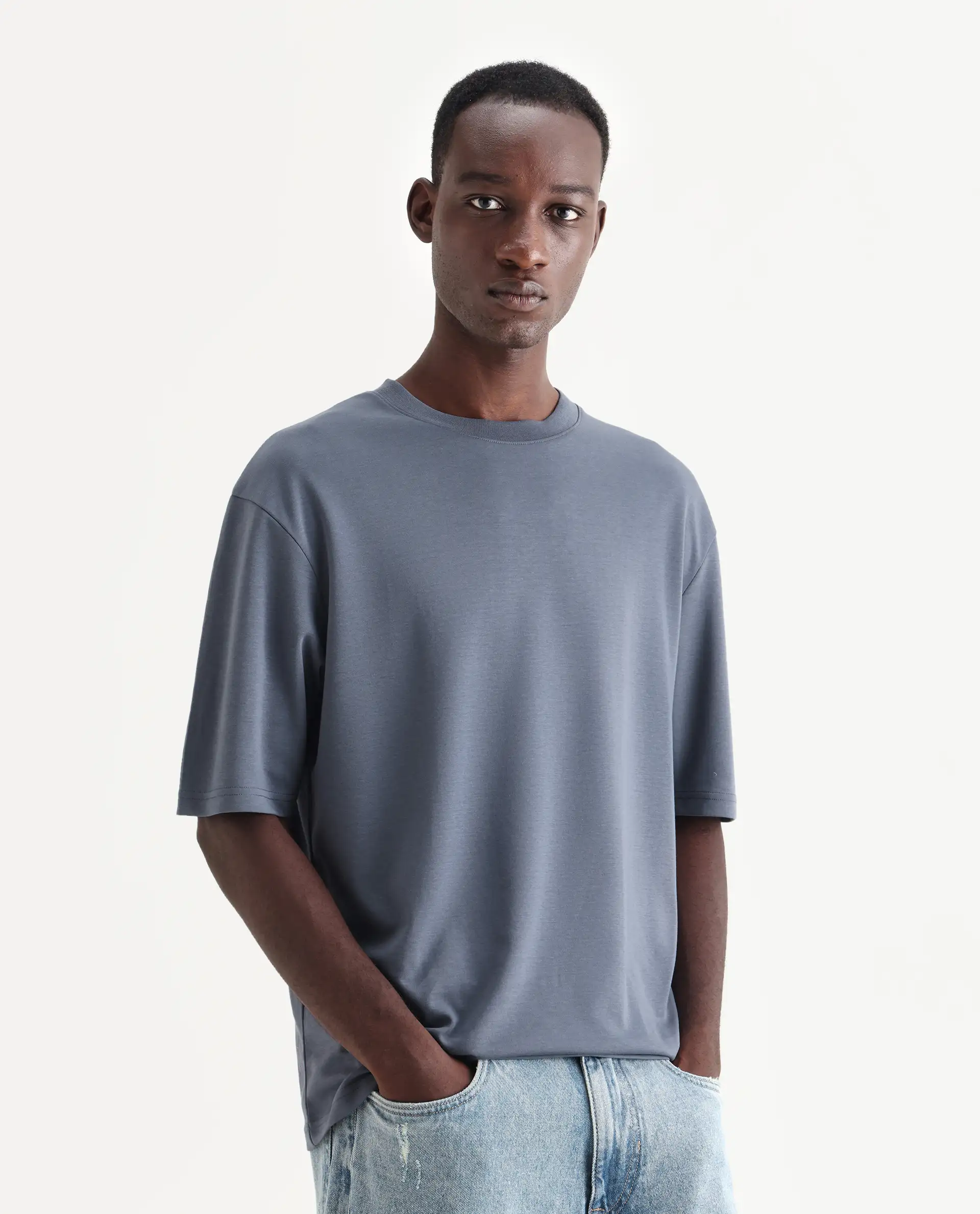 Rare Rabbit Men's Qlo Dusky Blue Cotton Blend Plain Oversized Fit Half Sleeve Crew Neck T-Shirt - Image 6