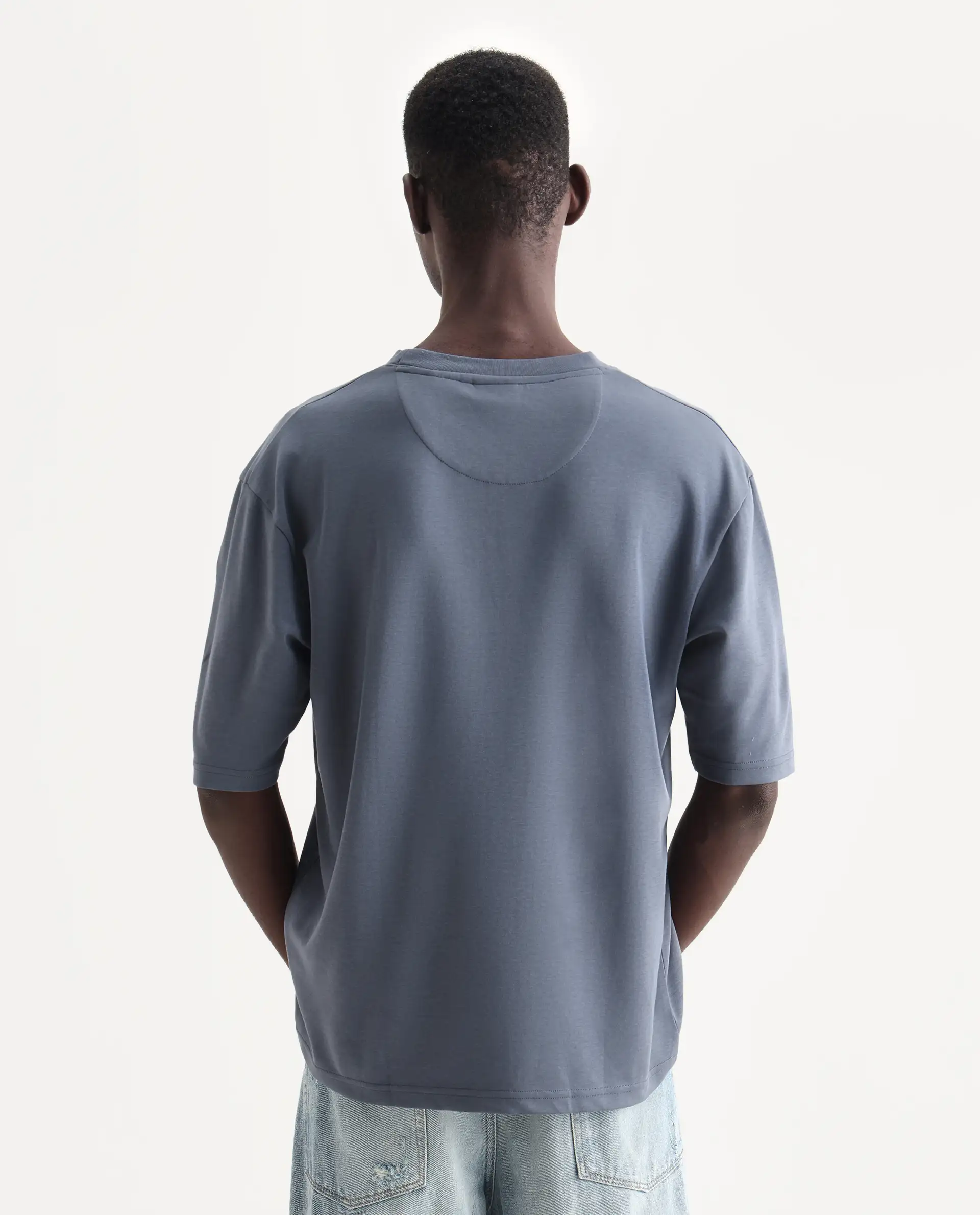 Rare Rabbit Men's Qlo Dusky Blue Cotton Blend Plain Oversized Fit Half Sleeve Crew Neck T-Shirt - Image 7