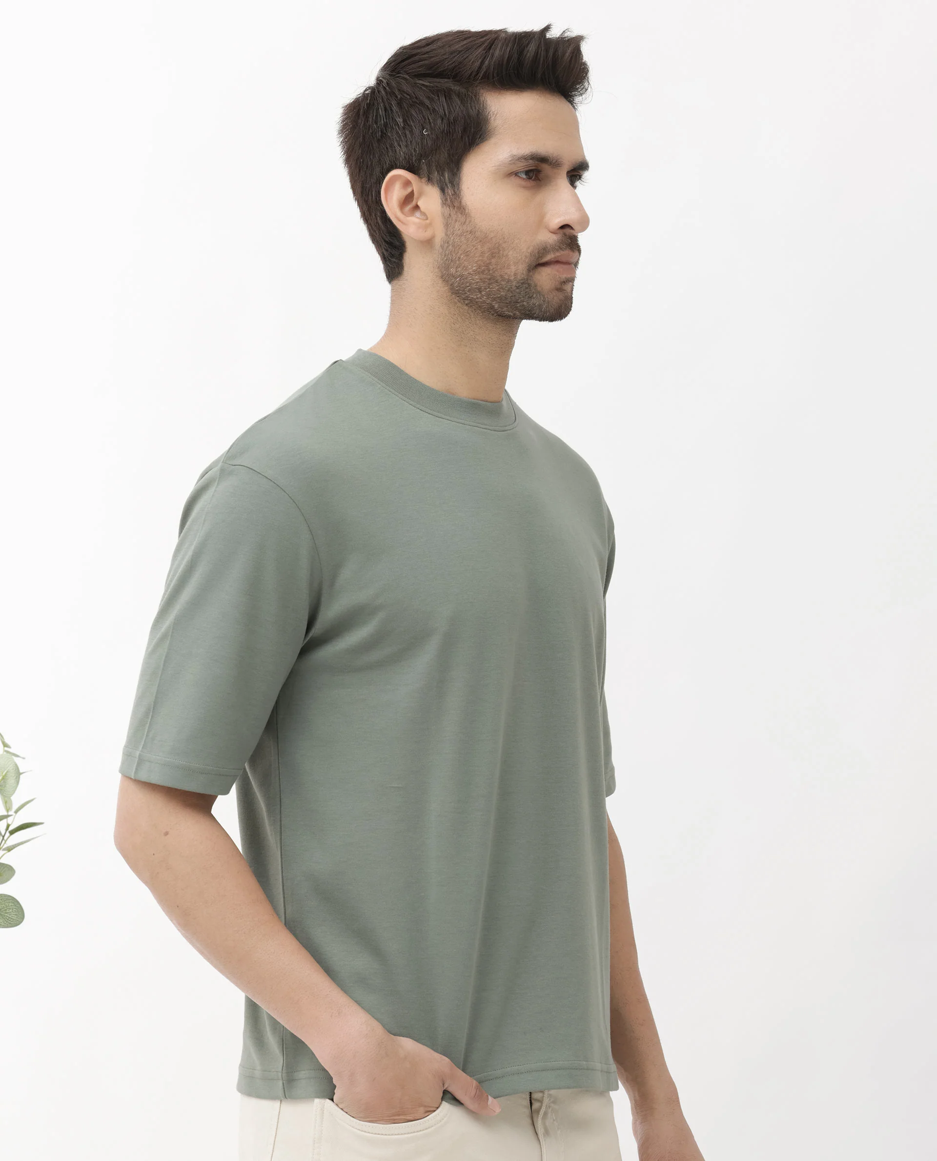 Rare Rabbit Men's Qlo Dusky Olive Cotton Blend Plain Oversized Fit Half Sleeve Crew Neck T-Shirt - Image 6