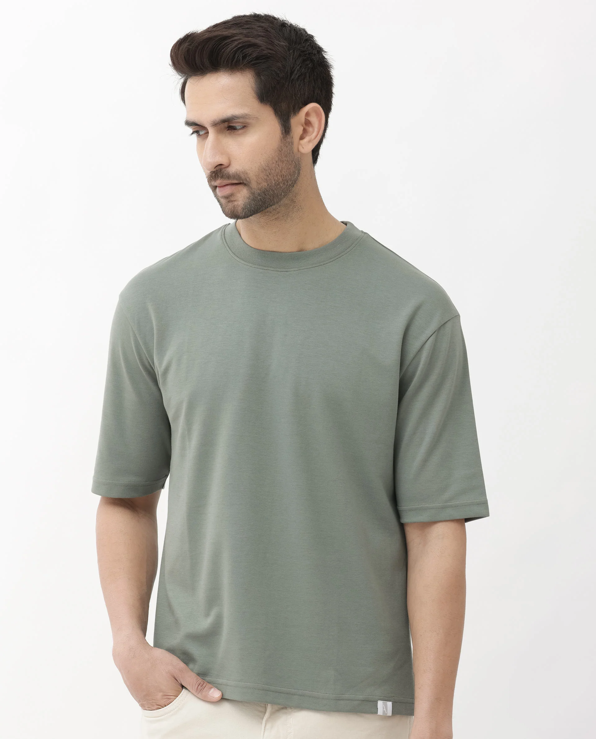 Rare Rabbit Men's Qlo Dusky Olive Cotton Blend Plain Oversized Fit Half Sleeve Crew Neck T-Shirt - Image 7
