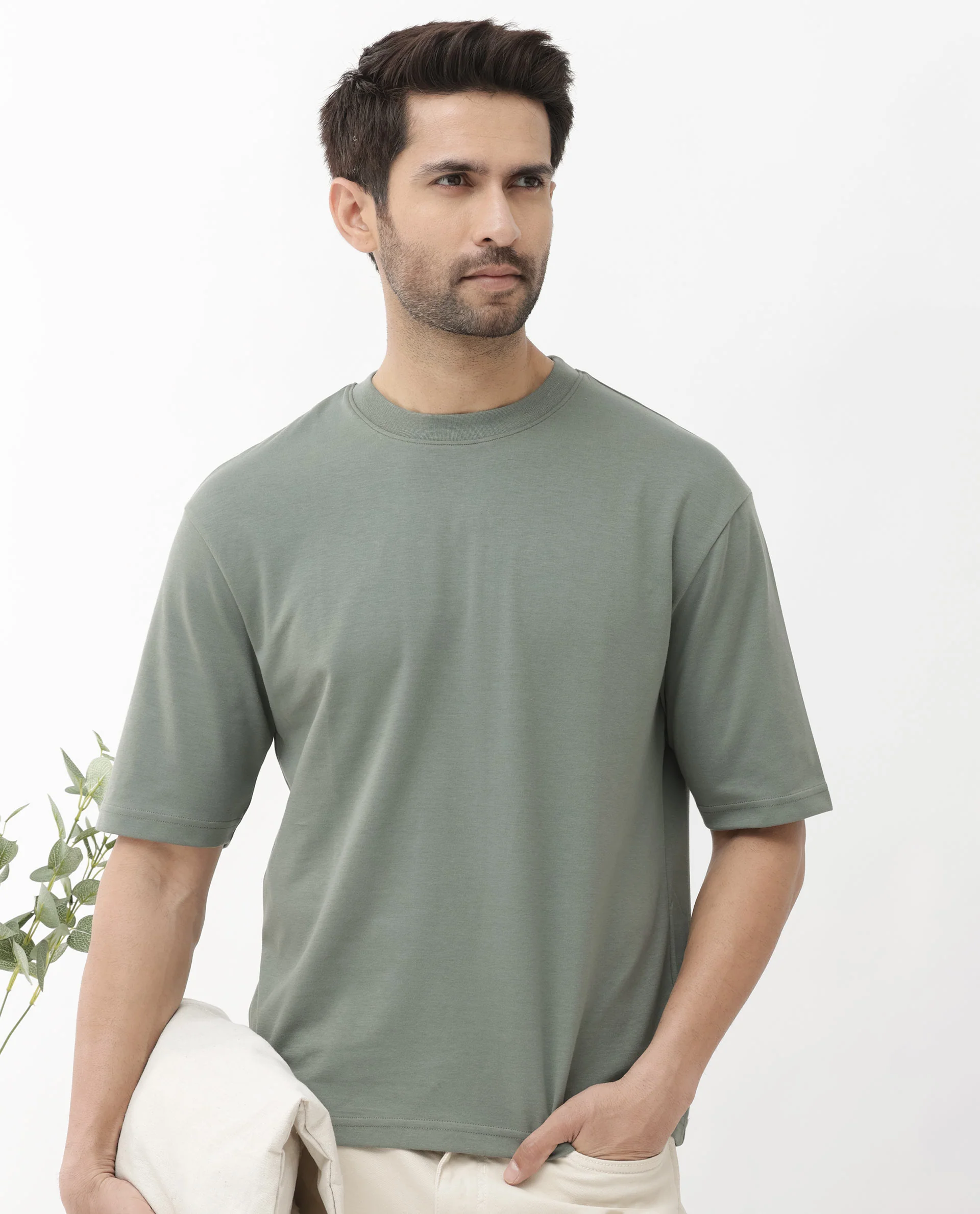 Rare Rabbit Men's Qlo Dusky Olive Cotton Blend Plain Oversized Fit Half Sleeve Crew Neck T-Shirt - Image 9