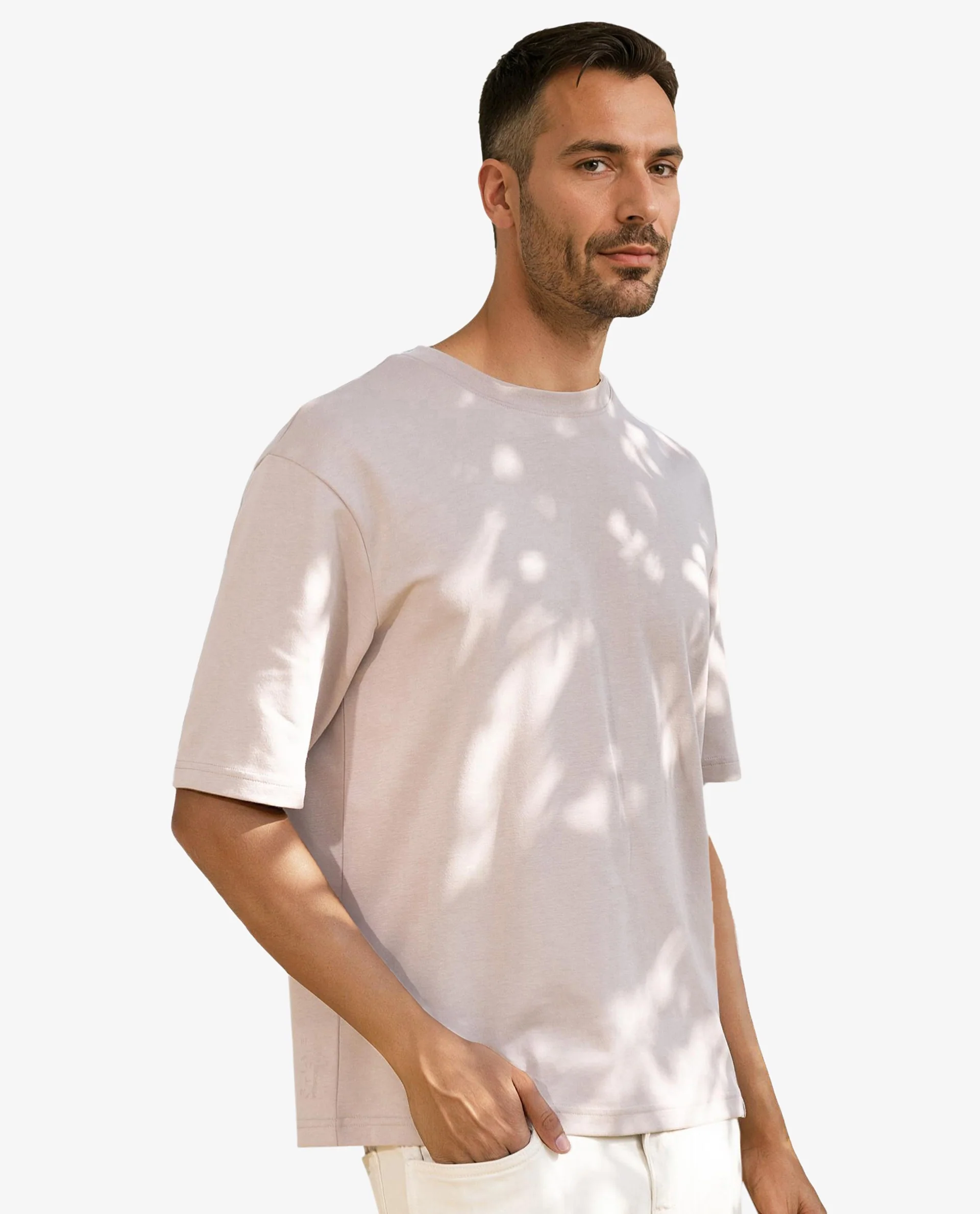 Rare Rabbit Men's Qlo Dusky Pink Cotton Blend Plain Oversized Fit Half Sleeve Crew Neck T-Shirt - Image 4
