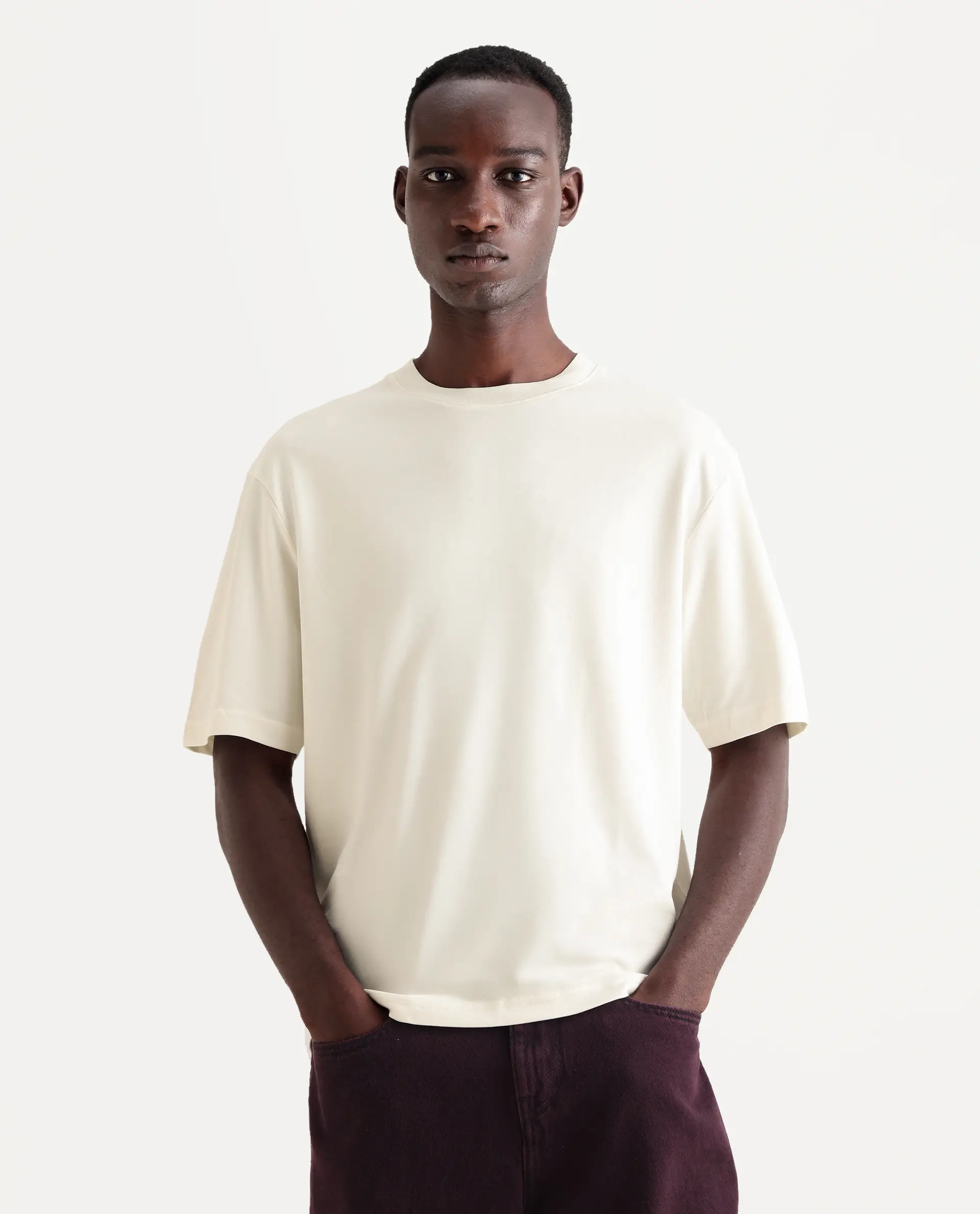 Rare Rabbit Men's Qlo Off White Cotton Blend Plain Oversized Fit Half Sleeve Crew Neck T-Shirt - Image 4