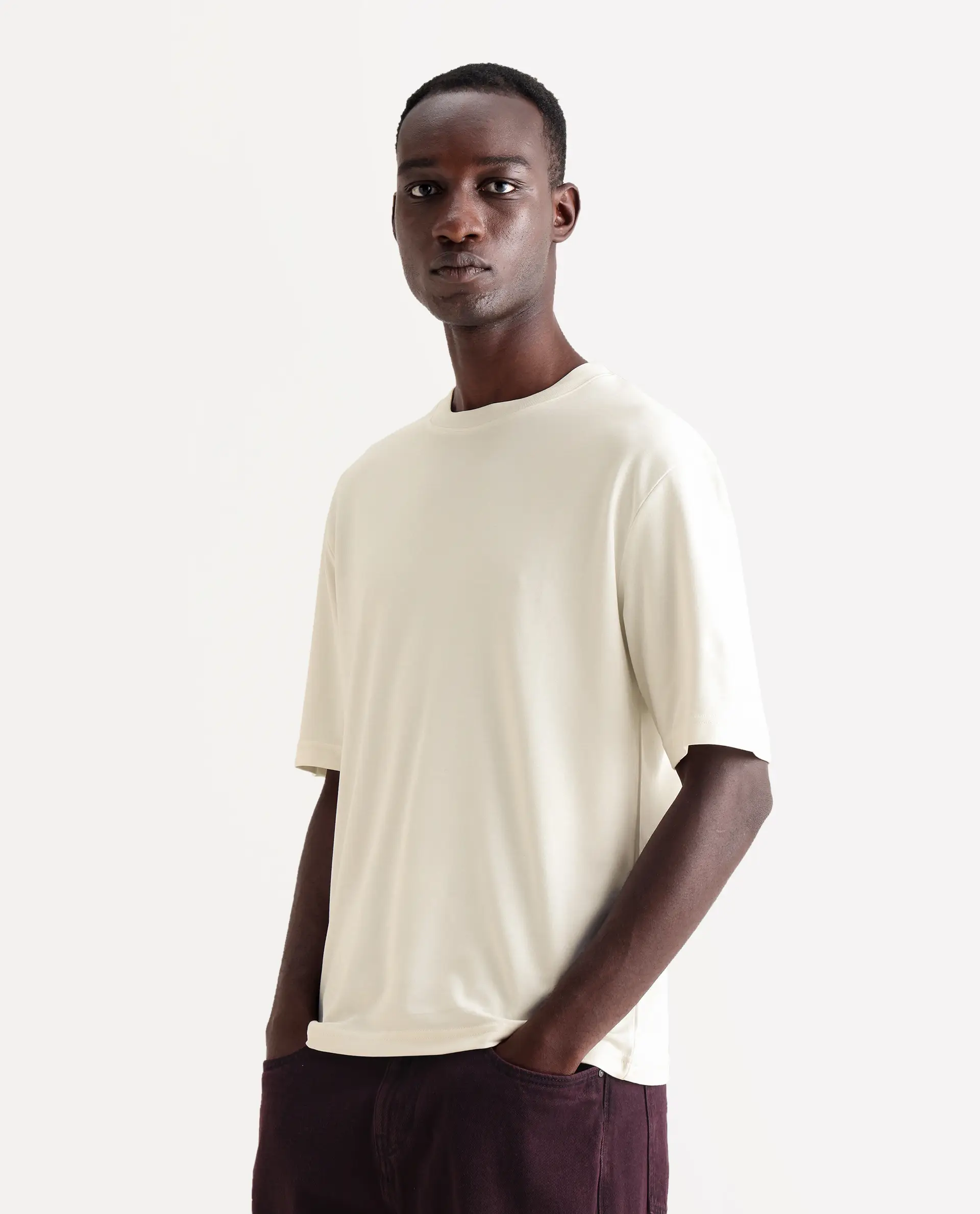 Rare Rabbit Men's Qlo Off White Cotton Blend Plain Oversized Fit Half Sleeve Crew Neck T-Shirt - Image 6
