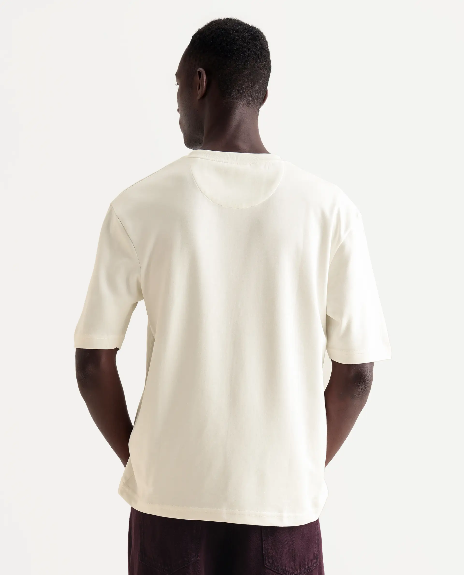 Rare Rabbit Men's Qlo Off White Cotton Blend Plain Oversized Fit Half Sleeve Crew Neck T-Shirt - Image 7