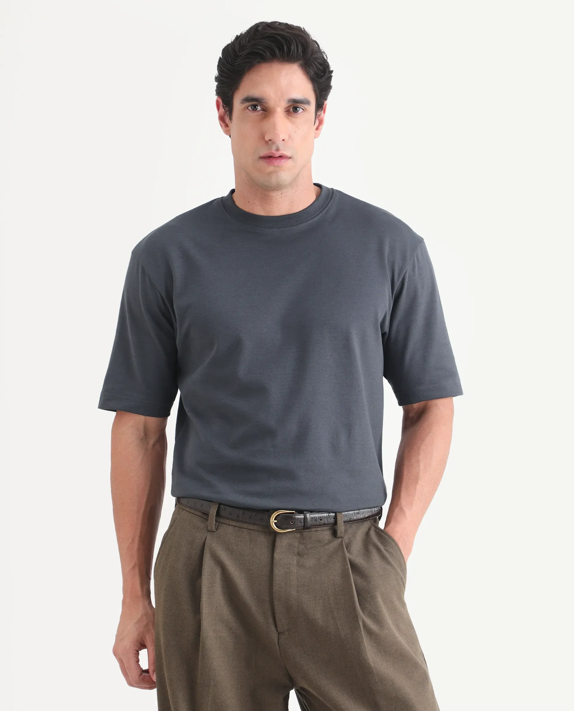 Rare Rabbit Men's Qlo-S26 Dark Grey Cotton Blend Fabric Half Sleeve Crew Neck Oversize Plain T-Shirt