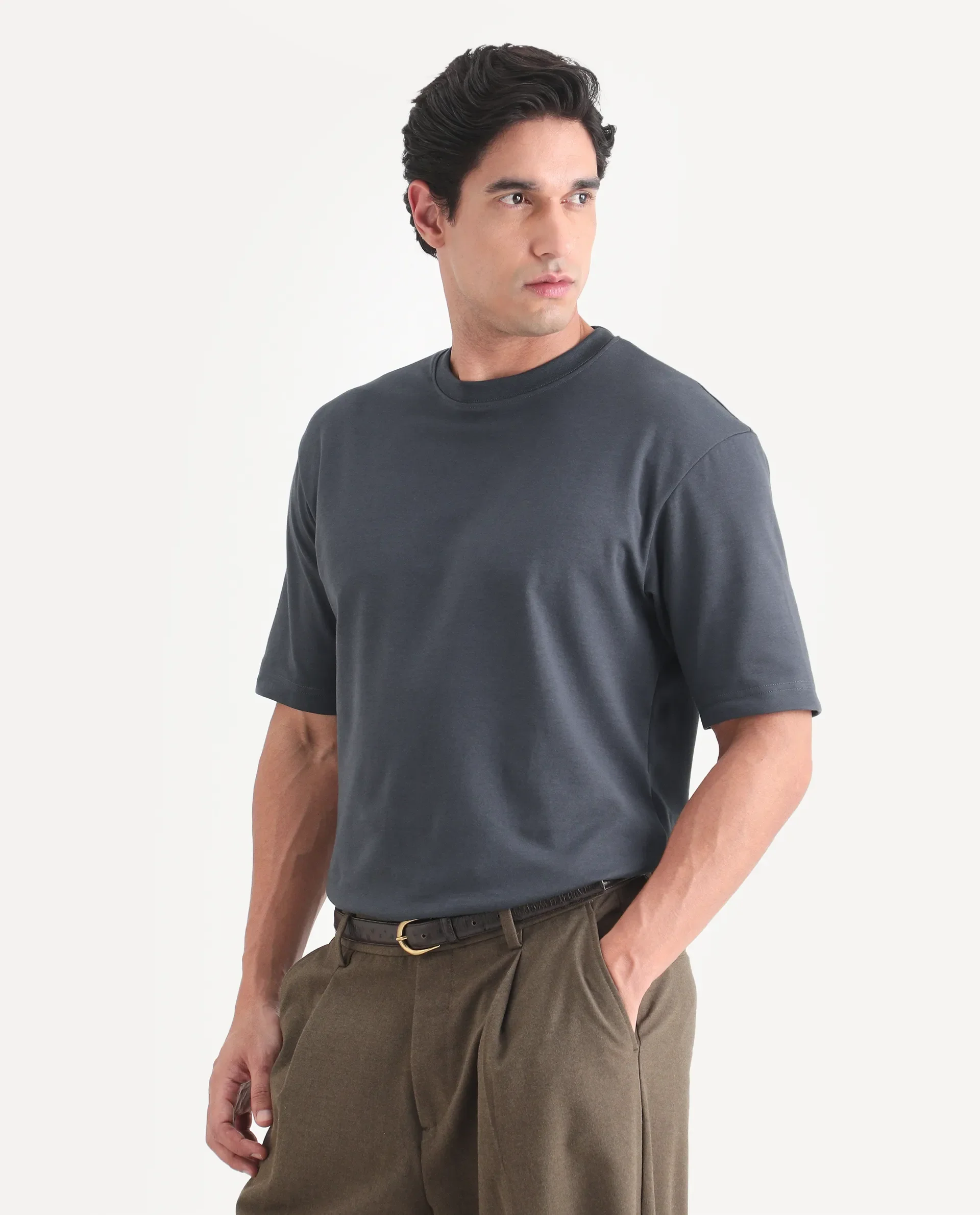 Rare Rabbit Men's Qlo-S26 Dark Grey Cotton Blend Fabric Half Sleeve Crew Neck Oversize Plain T-Shirt - Image 4