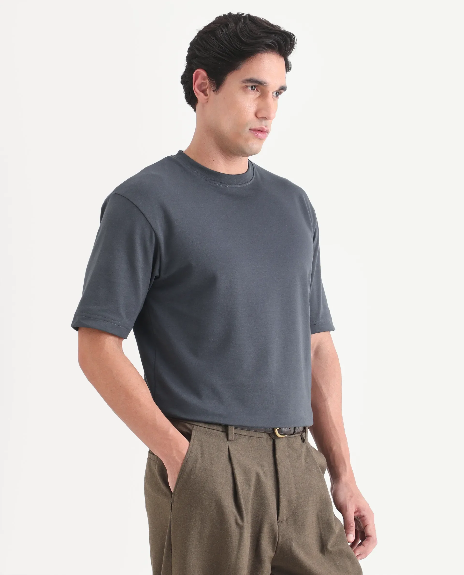 Rare Rabbit Men's Qlo-S26 Dark Grey Cotton Blend Fabric Half Sleeve Crew Neck Oversize Plain T-Shirt - Image 5
