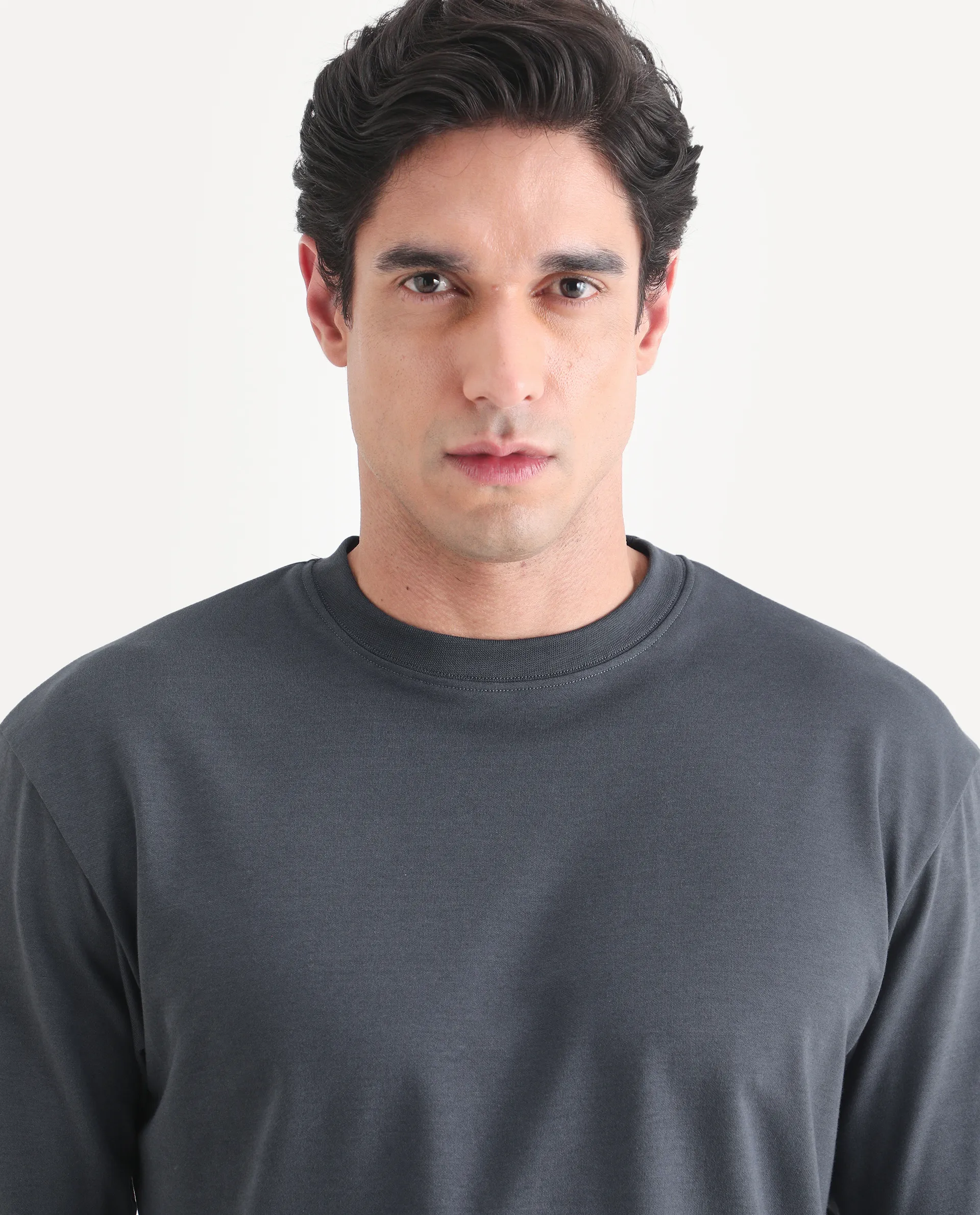 Rare Rabbit Men's Qlo-S26 Dark Grey Cotton Blend Fabric Half Sleeve Crew Neck Oversize Plain T-Shirt - Image 6